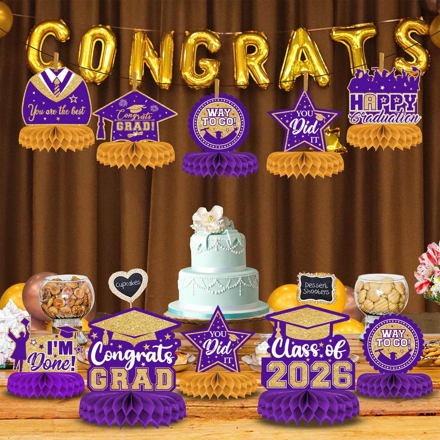 8 Pieces Class of 2026 Graduation Table Decorations - 2026 Congrats Grad Honeycomb Centerpieces, Graduations Table Toppers Decor for 2026 Graduation