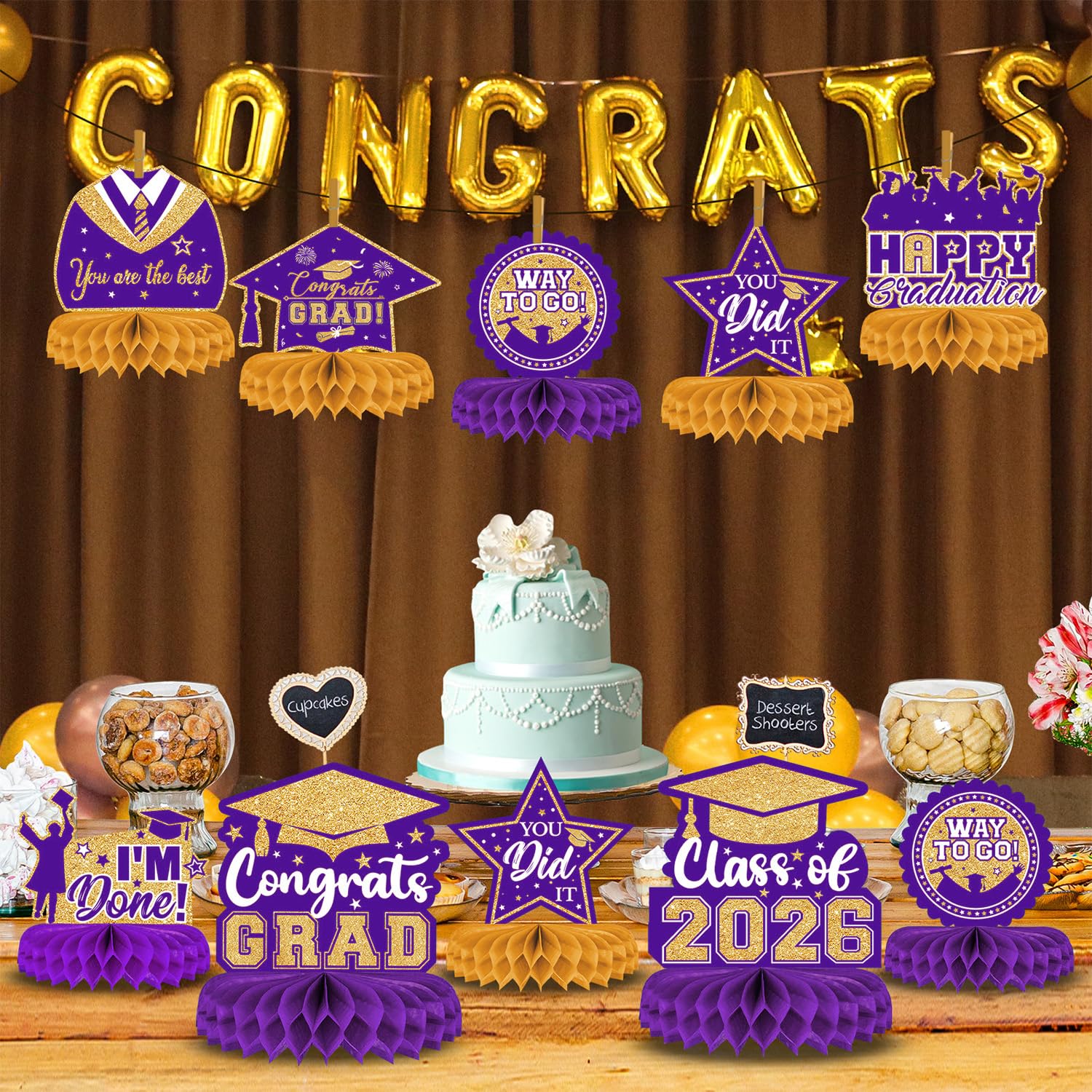 8 Pieces Class of 2026 Graduation Table Decorations - 2026 Congrats Grad Honeycomb Centerpieces, Graduations Table Toppers Decor for 2026 Graduation