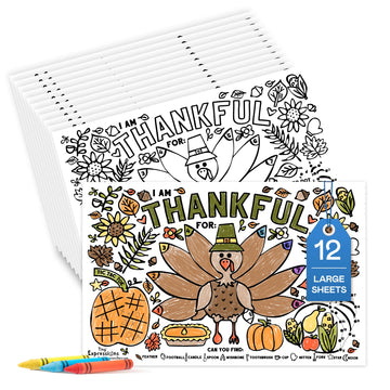 Tiny Expressions - Thanksgiving Coloring Placemats - Set of 12 Paper Placemats to Color, Turkey 'I Am Thankful for' Theme - Fall Thanksgiving Activity