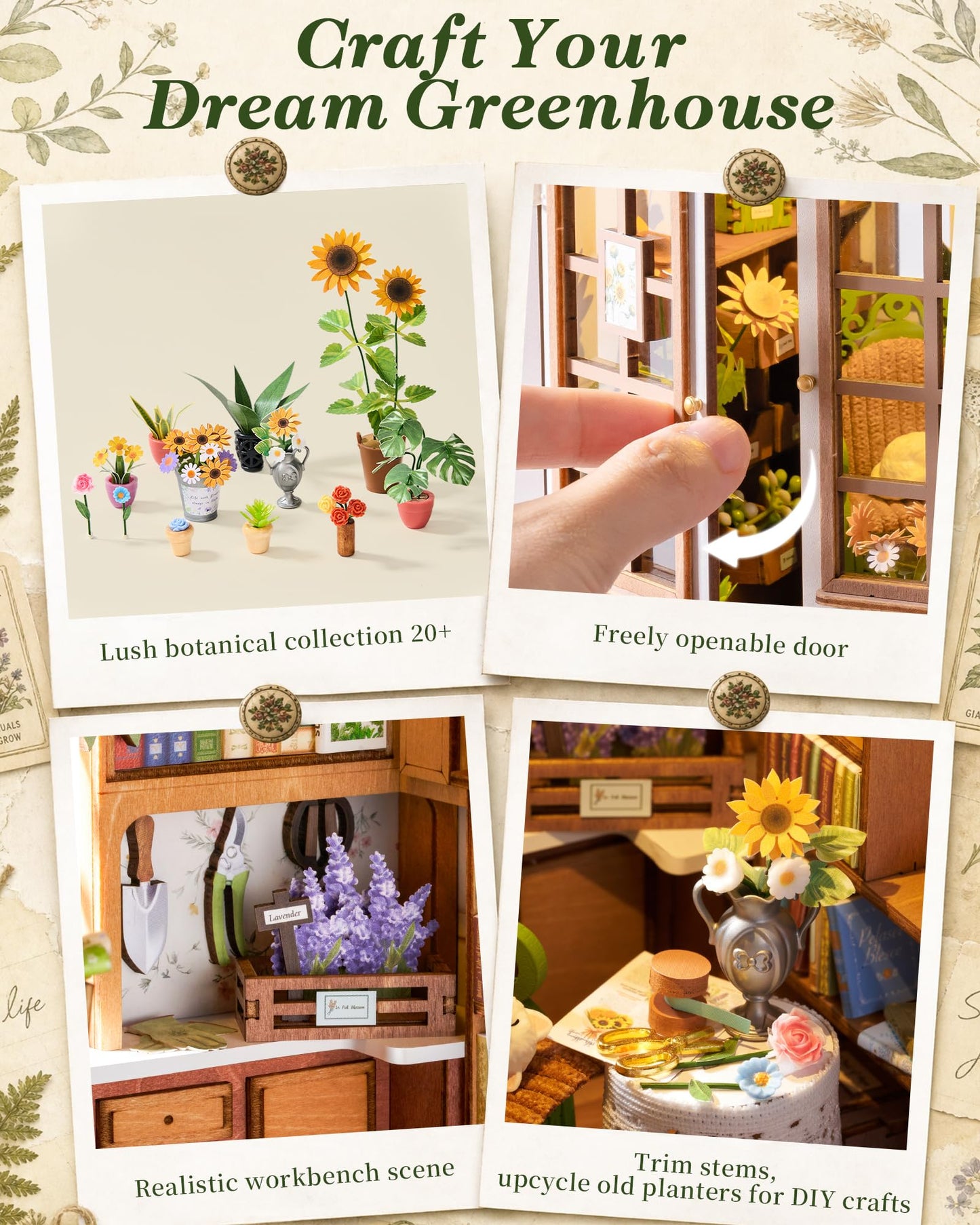 ROBOTIME DIY Miniature House-Secret Bloomy Nook, Greenhouse Miniature House Kits for Adults, Flowers Plants Garden Book Nook Kit with LED Bookshelf