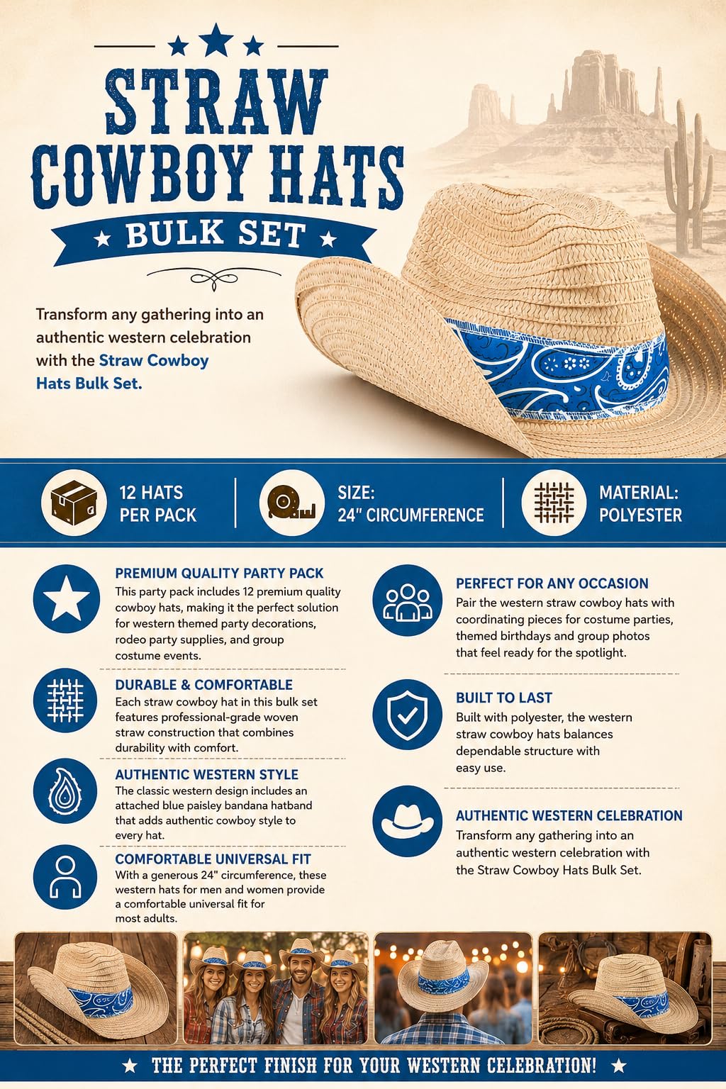 Fun Express Straw Cowboy Hats for Men & Women, Set of 12
