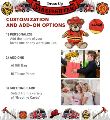 DolliBu Sitting Brown Bear Firefighter Stuffed Animal with Name Personalization - Super Soft Bear with Red Fireman Costume Outfit and Fireman Hat