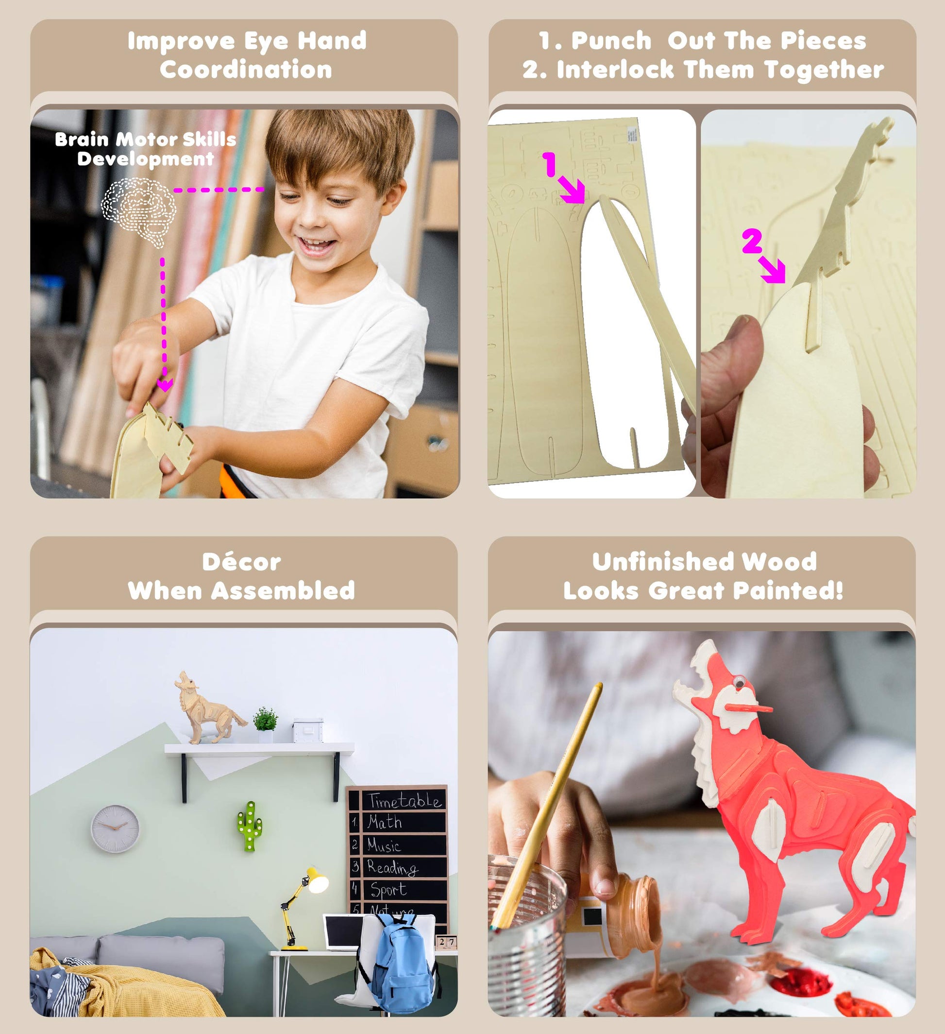 Puzzled 3D Puzzle Wolf Wood Craft Construction Model Kit, Fun, Unique & Educational DIY Wooden Toy Assemble Model Unfinished Crafting Hobby Puzzle