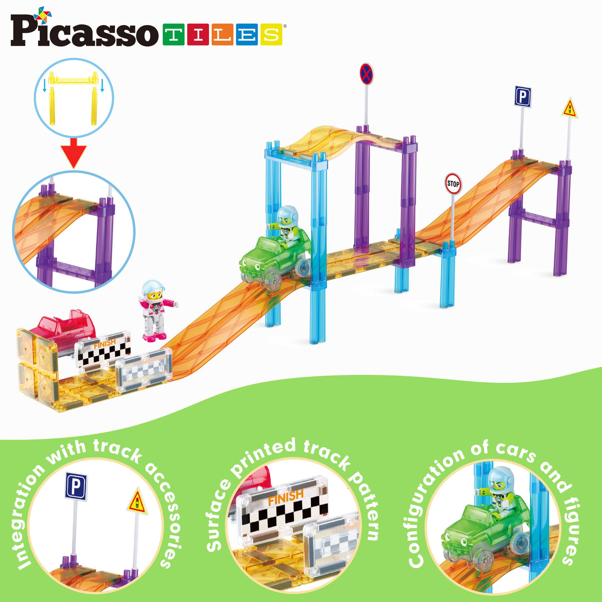 PicassoTiles Magnetic Race Track Car Slide Magnet Building Blocks Tiles Sensory Toys for Kids Toddlers Include Trucks Character Action Figures STEM