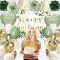 Happy Birthday Decorations For Women Men,Birthday Backdrop,Banner Balloons,Table Cloth,Paper pom poms Party Supplies for Girls Boys (Sage Green)