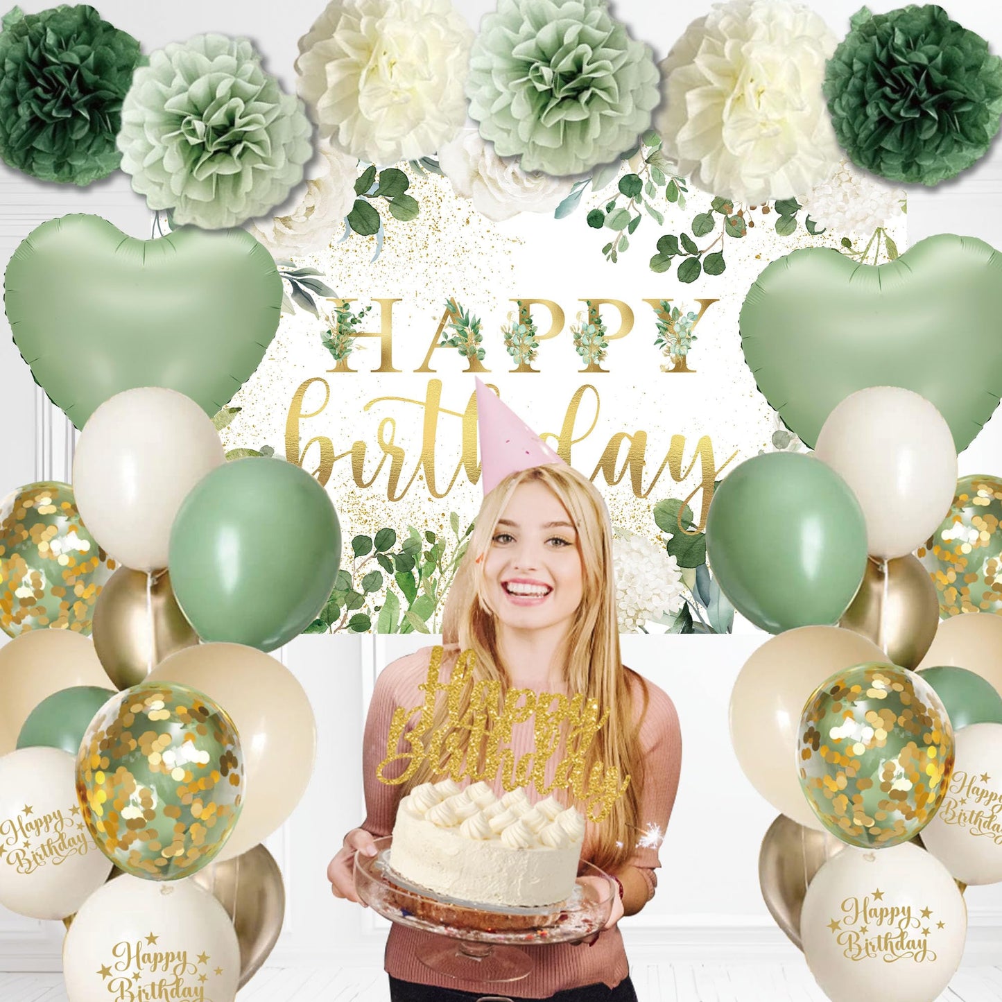 Happy Birthday Decorations For Women Men,Birthday Backdrop,Banner Balloons,Table Cloth,Paper pom poms Party Supplies for Girls Boys (Sage Green)