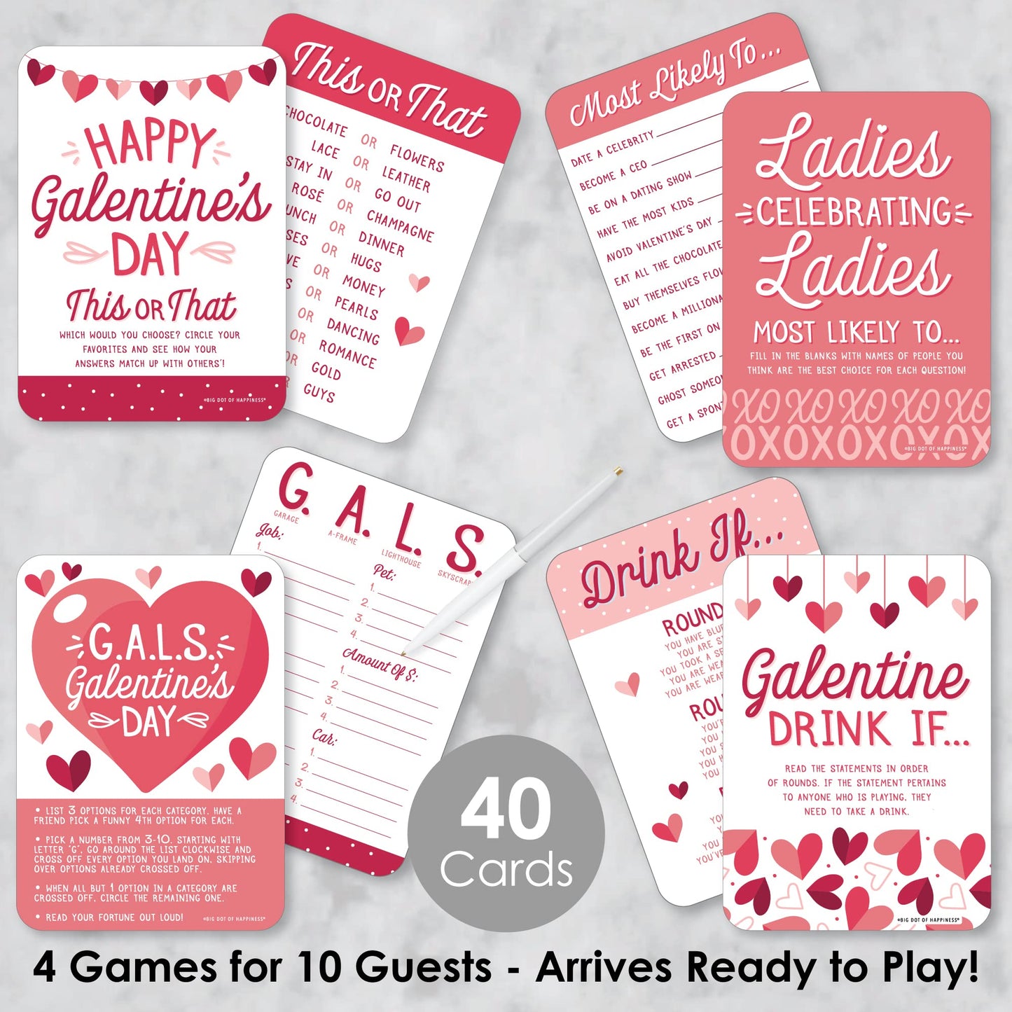 Big Dot of Happiness Happy Galentine’s Day - 4 Valentine’s Day Party Games - 10 Cards Each - Gamerific Bundle