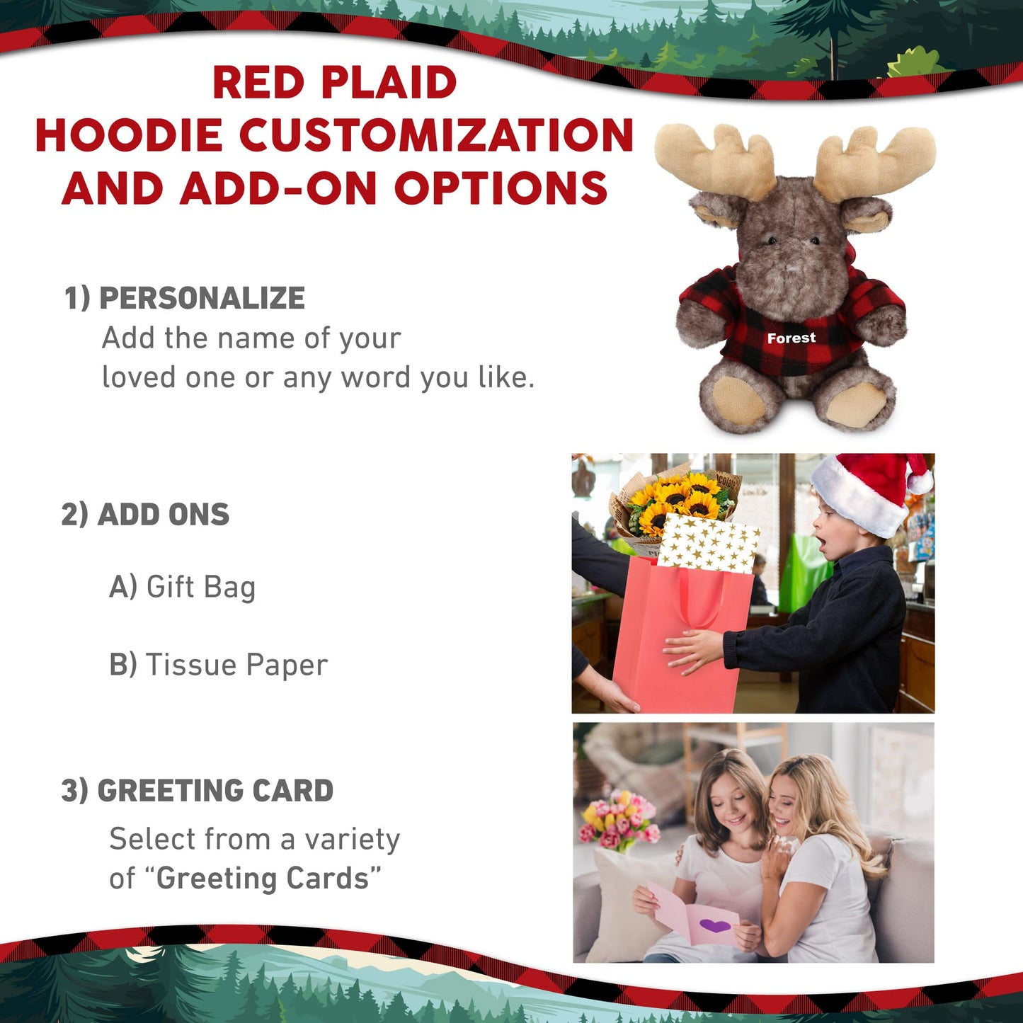 DolliBu Soft Brownish Sitting Moose Stuffed Animal with Plaid Red Hoodie Sweater and Personalization - Moose Plush Lumberjack Stuffed Toy with Plaid