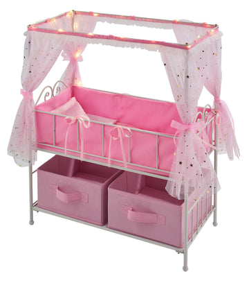 Badger Basket Starlights Metal Doll Crib with Canopy, Bedding, Storage & LED Lights - Pink/White Stars - Fits Dolls up to 18 Inches