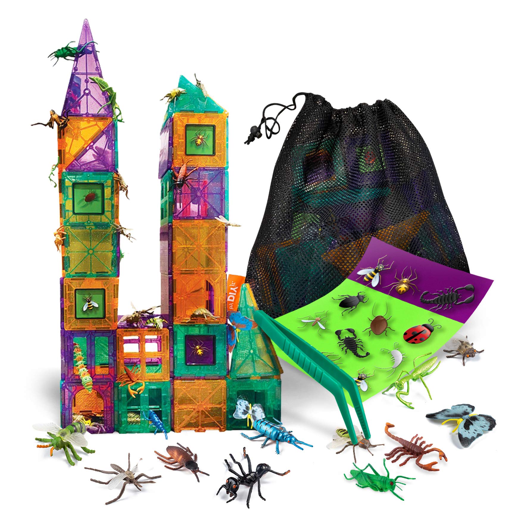 DIY jr Creepy Archi Tiles - Magnetic Tiles for Kids - Colorful Construction Building Blocks with Bugs, Storage Bag, Stickers, Tweezers - Creative