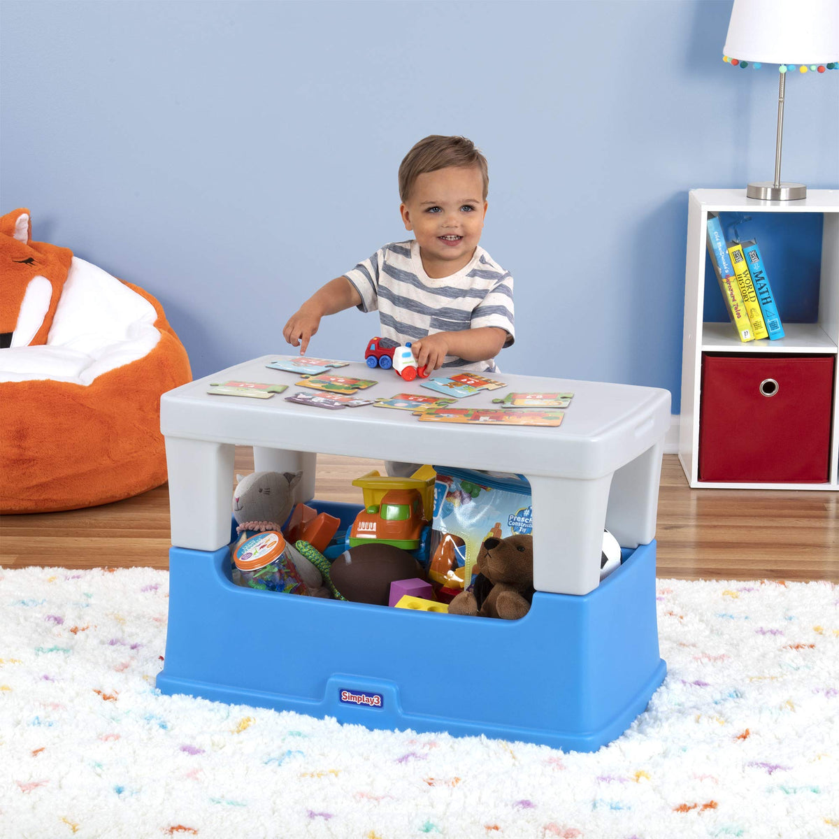 Simplay3 Play Around Toy Box Table, Multipurpose Kids Toy Box and Toddler Play Table for Toys, Art Supplies, Crafts, Durable, Plastic Large Toy Box