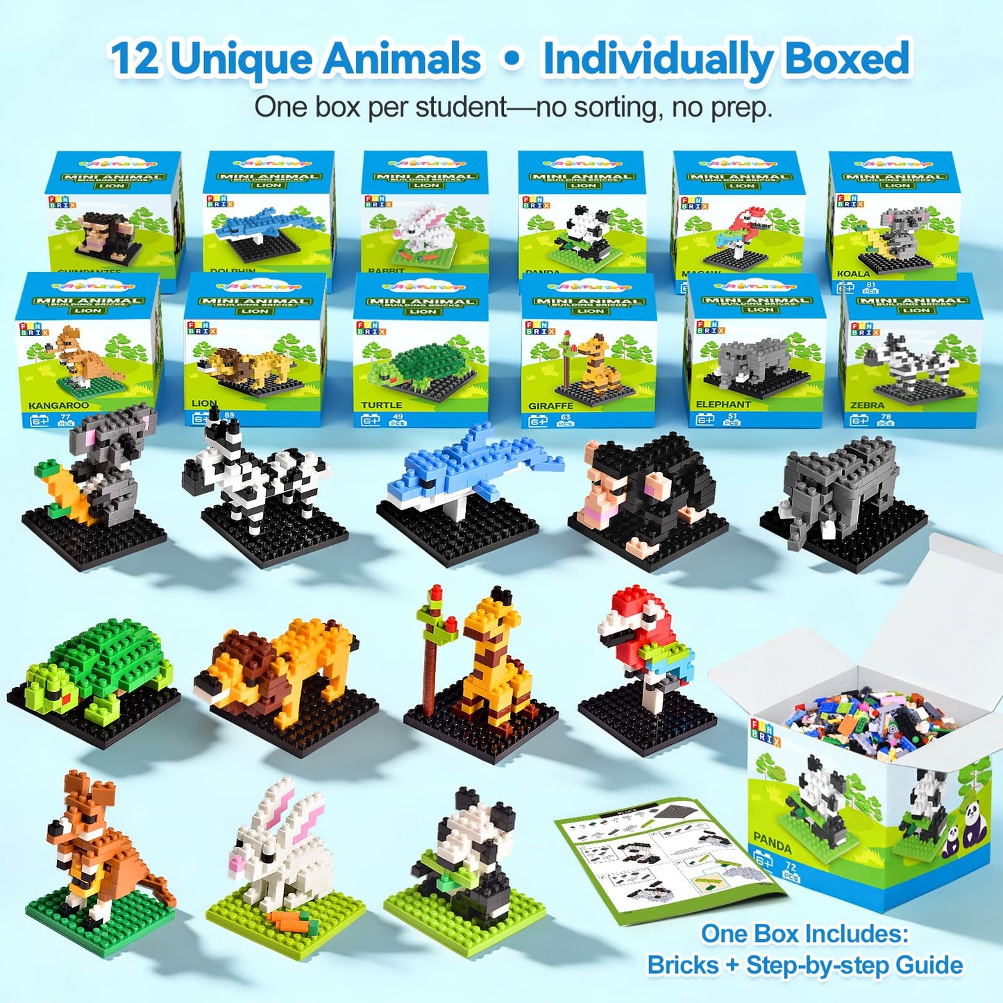 FUN LITTLE TOYS Mini Animal Building Blocks - 12 Pack, No Duplicates, Individually Boxed Zoo Sets for Kids 6-12, Party Favors, Classroom Prizes