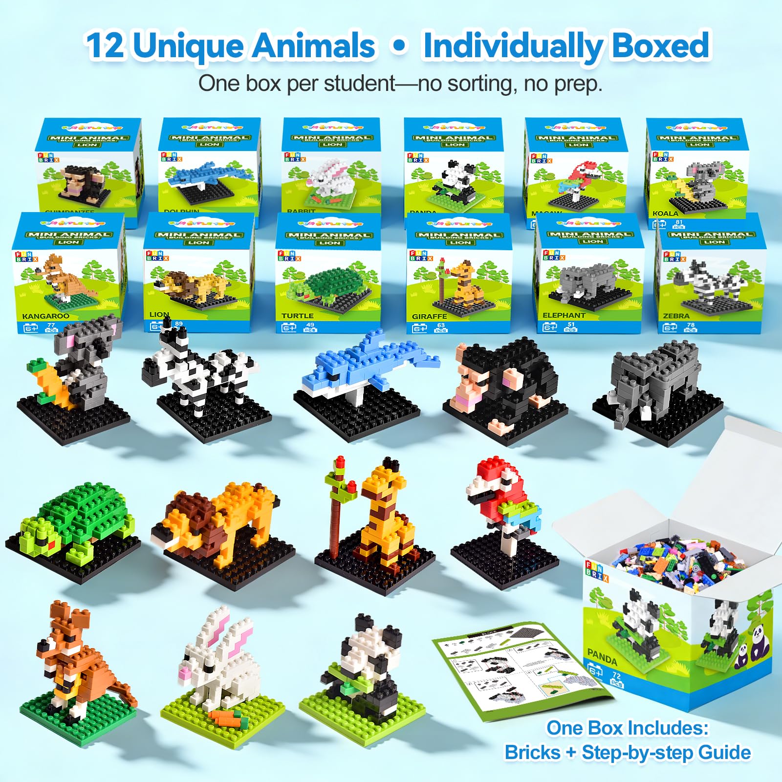 FUN LITTLE TOYS Mini Animal Building Blocks - 12 Pack, No Duplicates, Individually Boxed Zoo Sets for Kids 6-12, Party Favors, Classroom Prizes