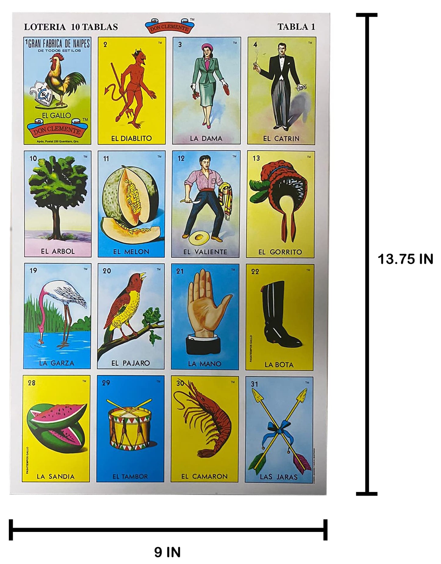 Loteria Mexicana Tradicional Jumbo Don Clemente 10 Jugadores 100 Fichas Poker - Jumbo Size Mexican Bingo Set with 100 Plastic Chips for 10 Players