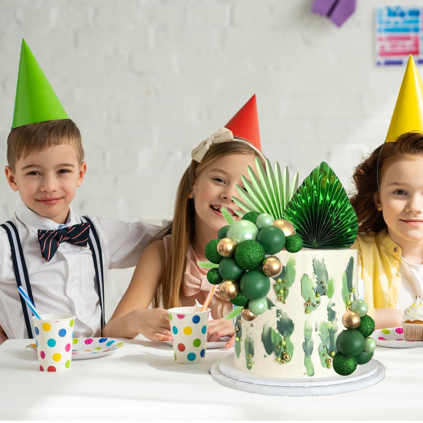38 PCS Balls Cake Toppers Palm Leaves Cake Decorations for Birthday Wedding Baby Shower Party Supplies (Green)