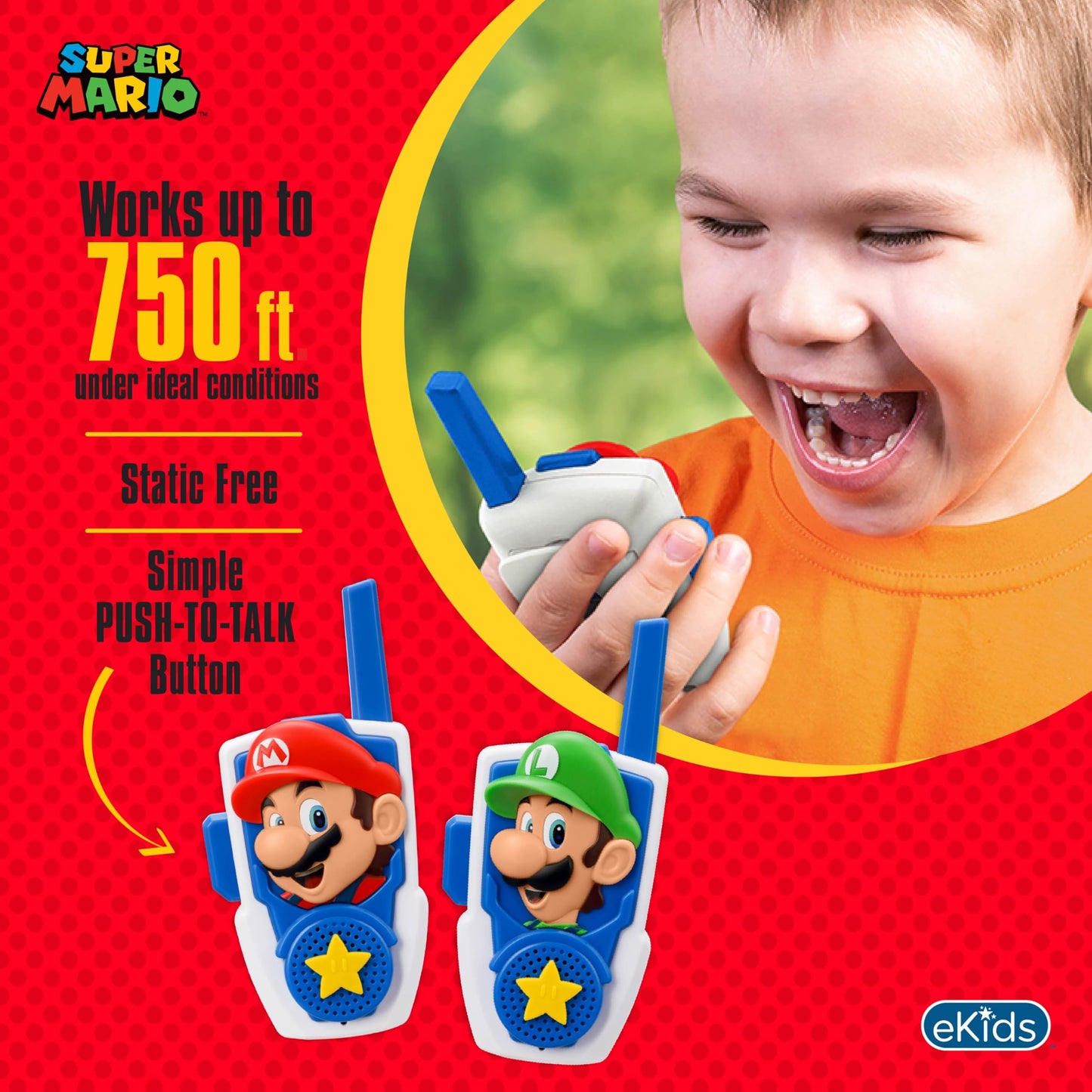 Super Mario Walkie Talkies for Kids, Static Free Indoor and Outdoor Toys