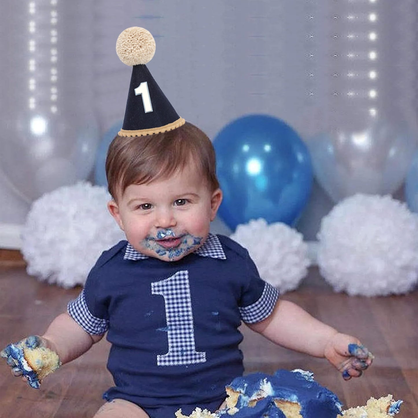 RSOLIET Blue 1st Birthday Hat - 1st Birthday Party Decoration A deep blue party crown Baby's 1st birthday cake smash decoration (1st)