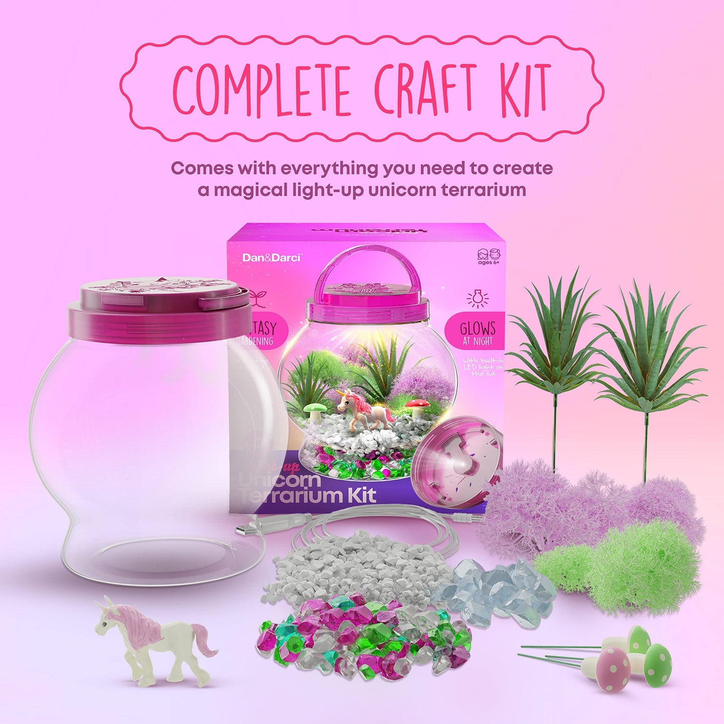 Dan&Darci Light-Up Unicorn Terrarium Kit for Kids - Kid Birthday Gifts - Best Unicorn Toys & Activities Kits Presents - Arts & Crafts for Girls & Boys