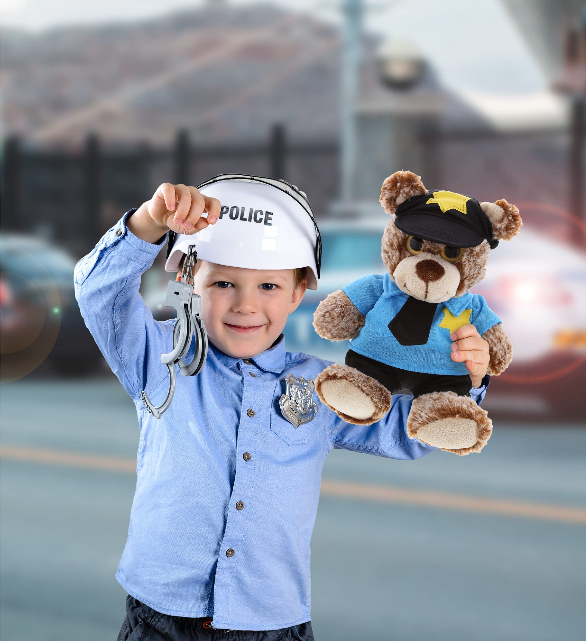DolliBu Sitting Brown Teddy Bear Stuffed Animal - Soft Sitting Stuffed Bear Plush Toy Police Dress Up with Police Uniform and Cap Outfit, Toy