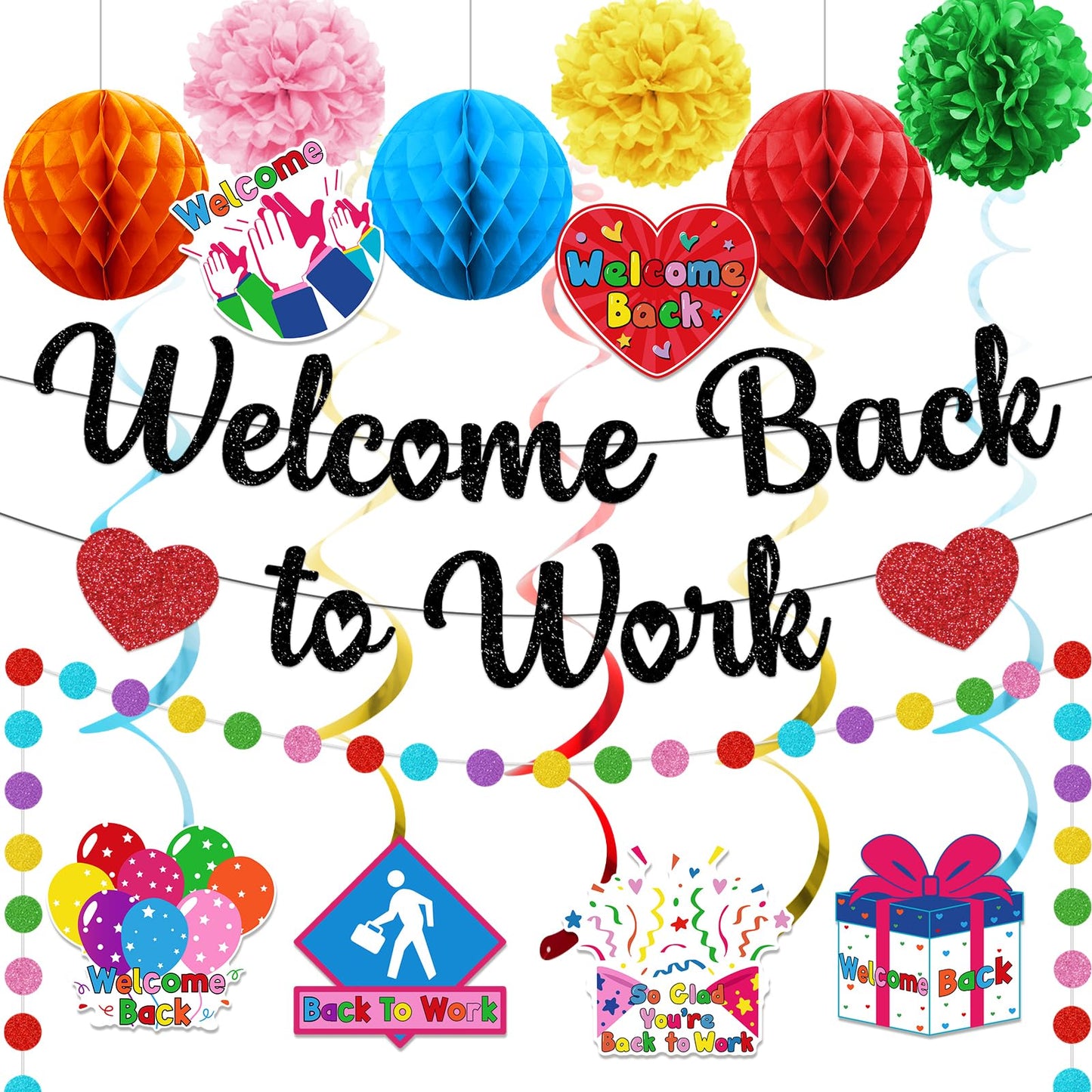 Welcome Back Decorations for Office Welcome Back to Work Decorations with Black Glitter Banner Circle Dots Garland Hanging Swirls Pom Poms Welcome
