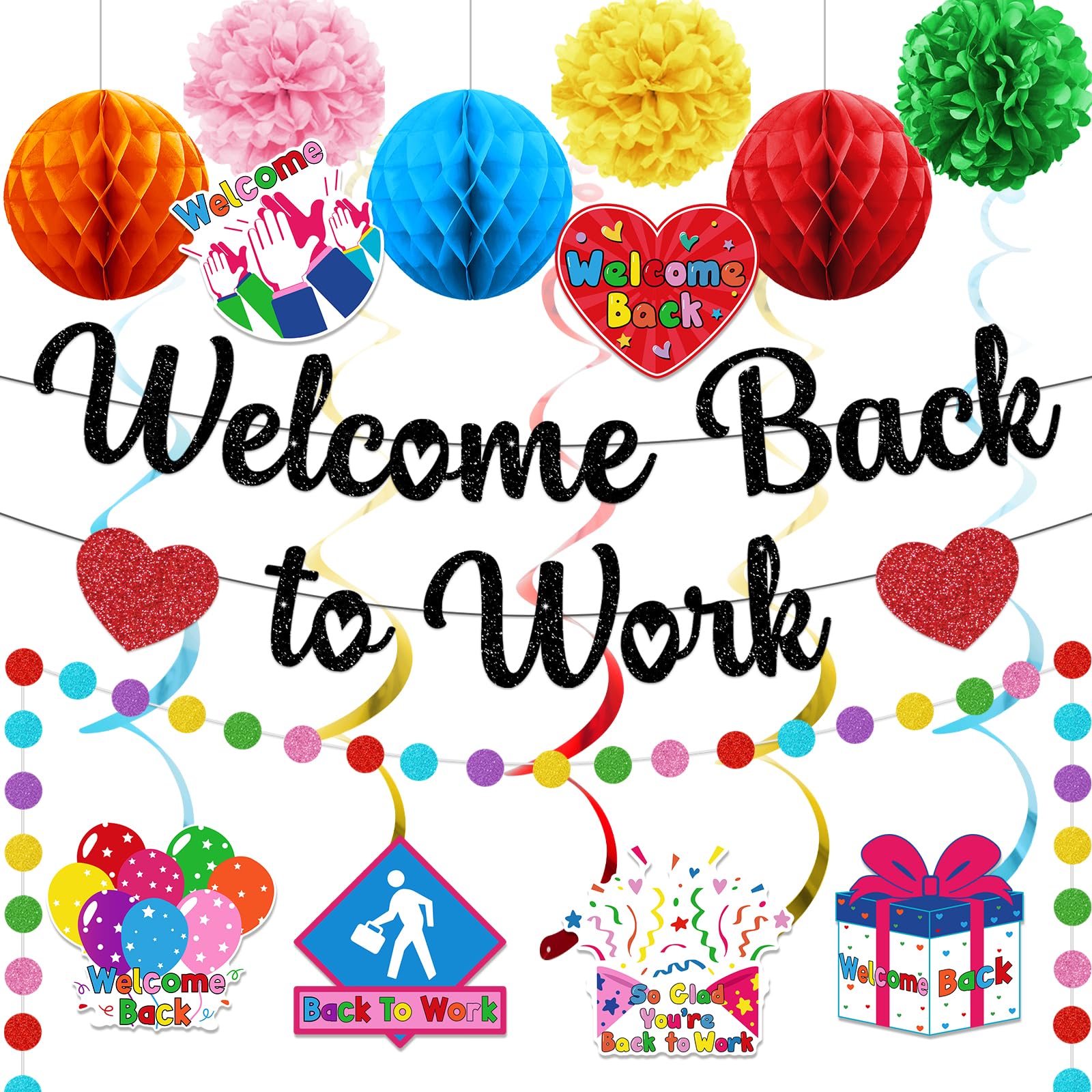 Welcome Back Decorations for Office Welcome Back to Work Decorations with Black Glitter Banner Circle Dots Garland Hanging Swirls Pom Poms Welcome