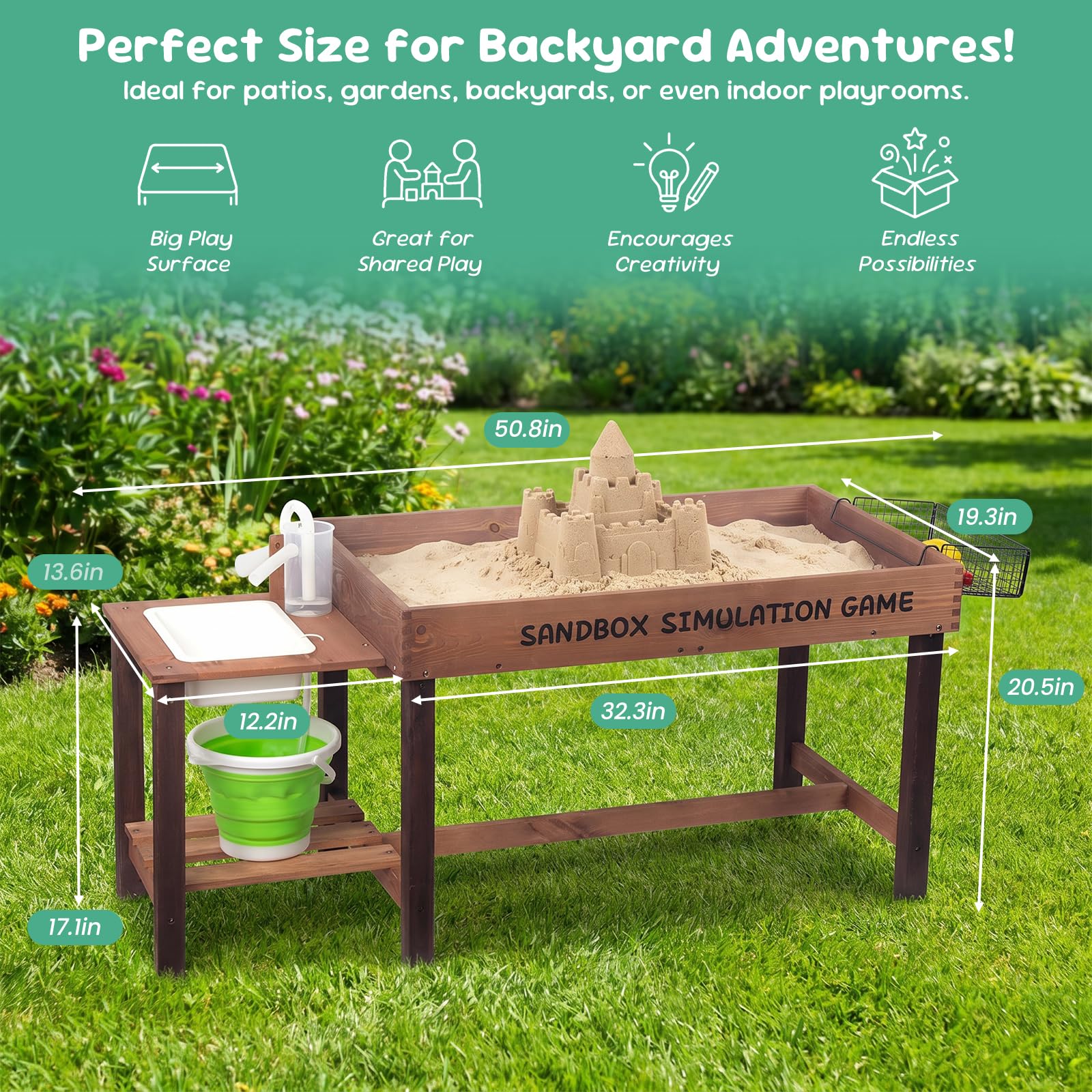 WOODENFUN Wooden Sand Table for Kids Ages 3-8, Summer Outdoor Toys