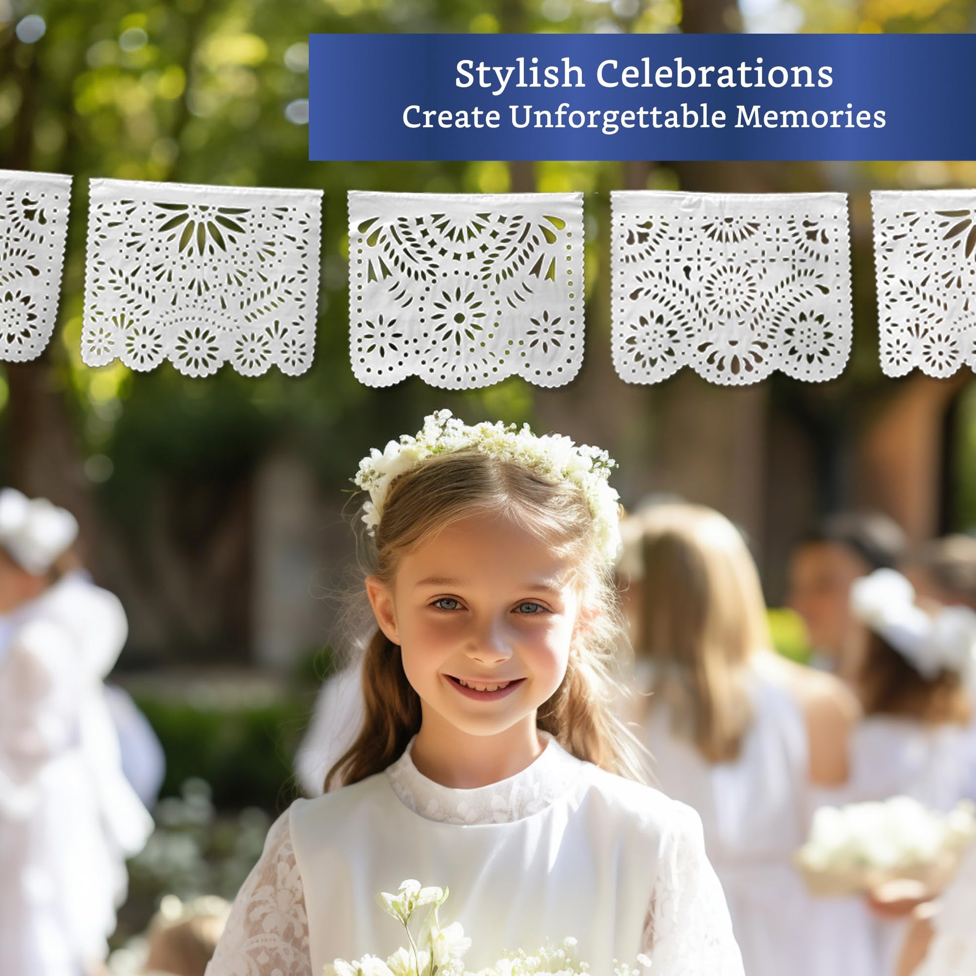 White Papel Picado Banner 5-pk - White Mexican Banner - Party Decorations