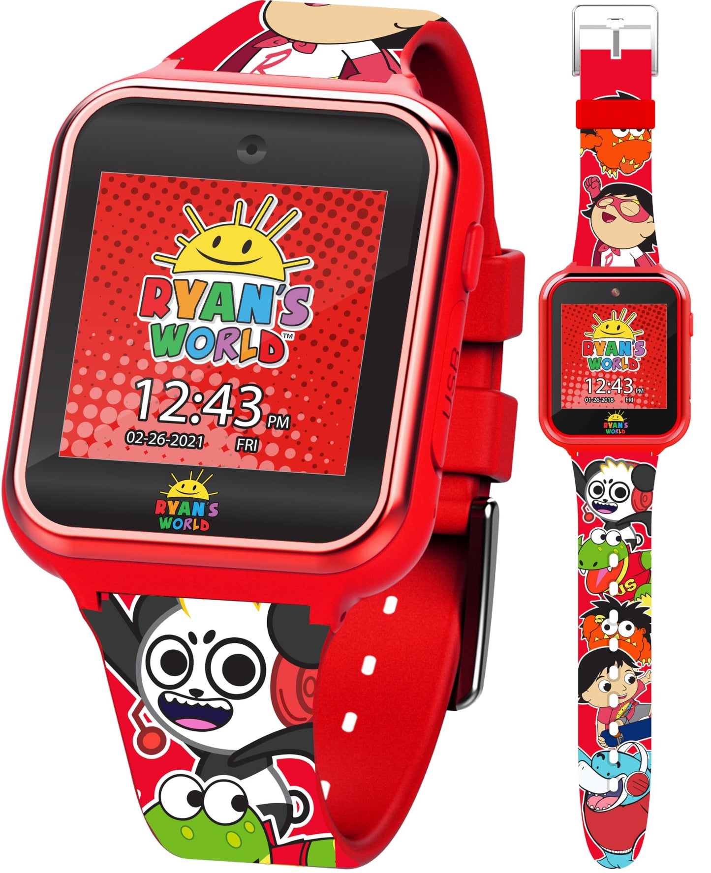 Accutime Kids Ryan's World Red Educational Touchscreen Smart Watch Toy for Boys, Girls, Toddlers - Selfie Cam, Learning Games, Alarm, Calculator