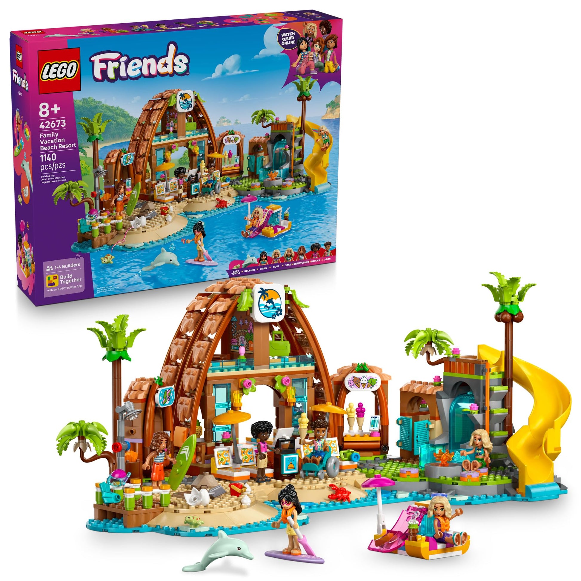 LEGO Friends Family Vacation Beach Resort Pretend Play Building Toy - Adventure Storytelling Playset with Dolphin Toys and Sea Turtles - Creative