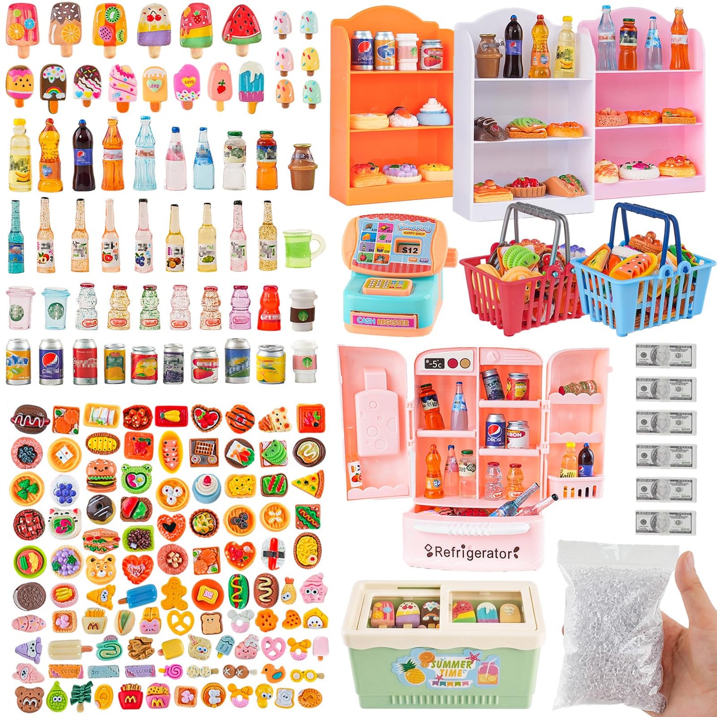Miniature Food Play Set for Kids - Includes Refrigerator Freezer Ice Cream Drinks & Display Shelves Realistic Toy for Imaginative Play, for Toddlers