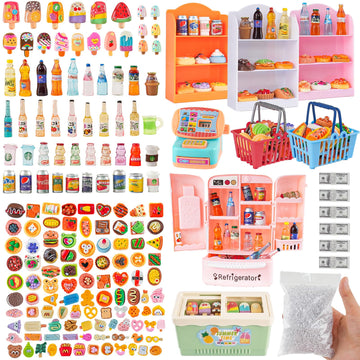 Miniature Food Play Set for Kids - Includes Refrigerator Freezer Ice Cream Drinks & Display Shelves Realistic Toy for Imaginative Play, for Toddlers