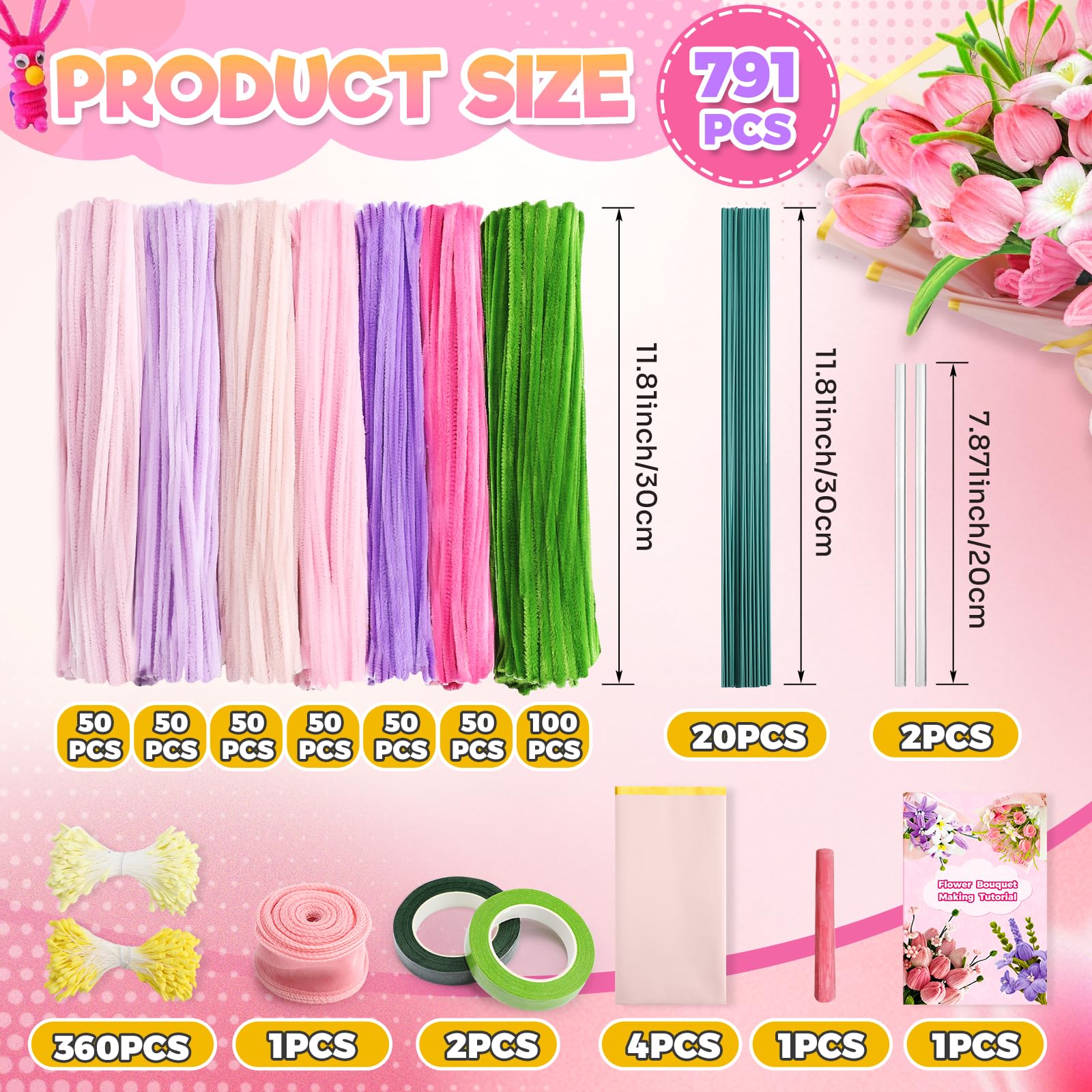 Pipe Cleaners Craft Flowers Kit 791 Pcs, 400 Pcs 7 Colors 8mm Fuzzy Pipe Cleaners Bulk (Tulips/ Lilies), 360 Pcs Stamen, Chenille Stems for DIY Flower