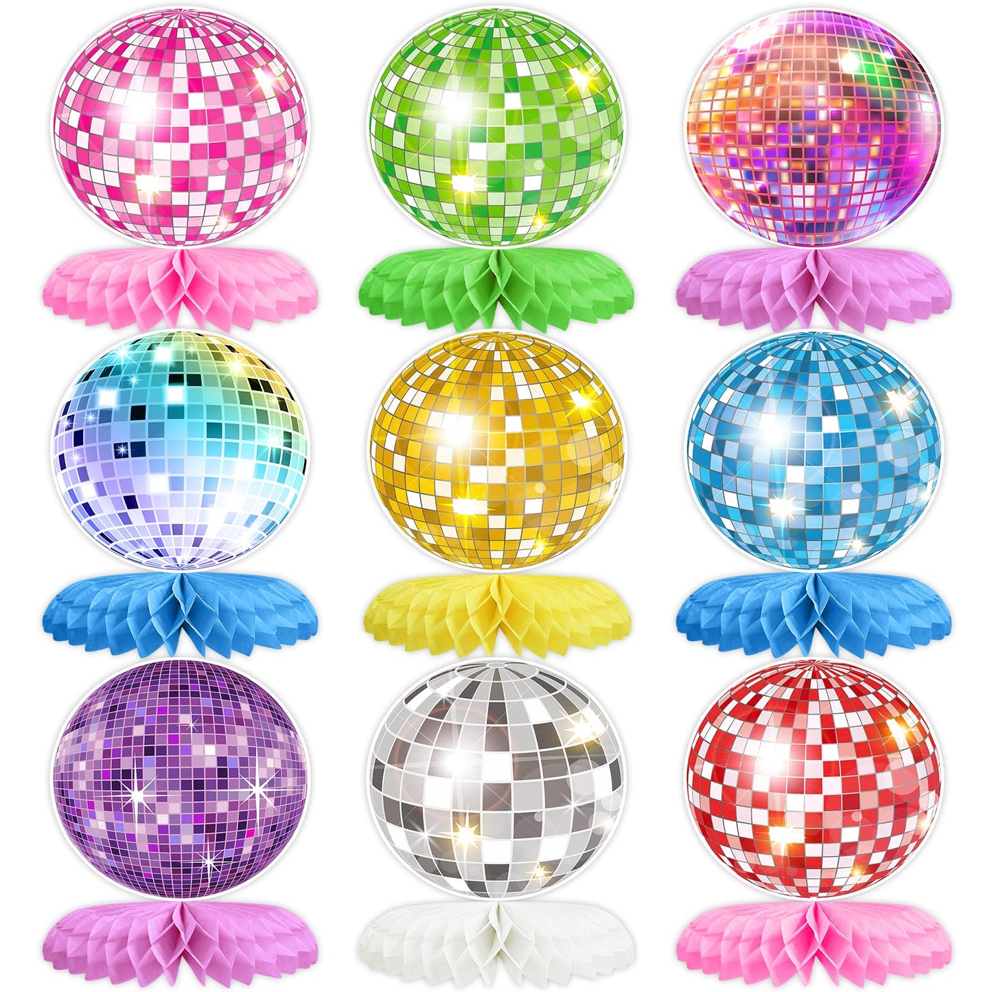 9PCS Disco Honeycomb Centerpieces Disco Ball Party Decorations Colorful Rock and Roll Party Table Centerpieces 50s 70s 80s 90s Disco Music Theme