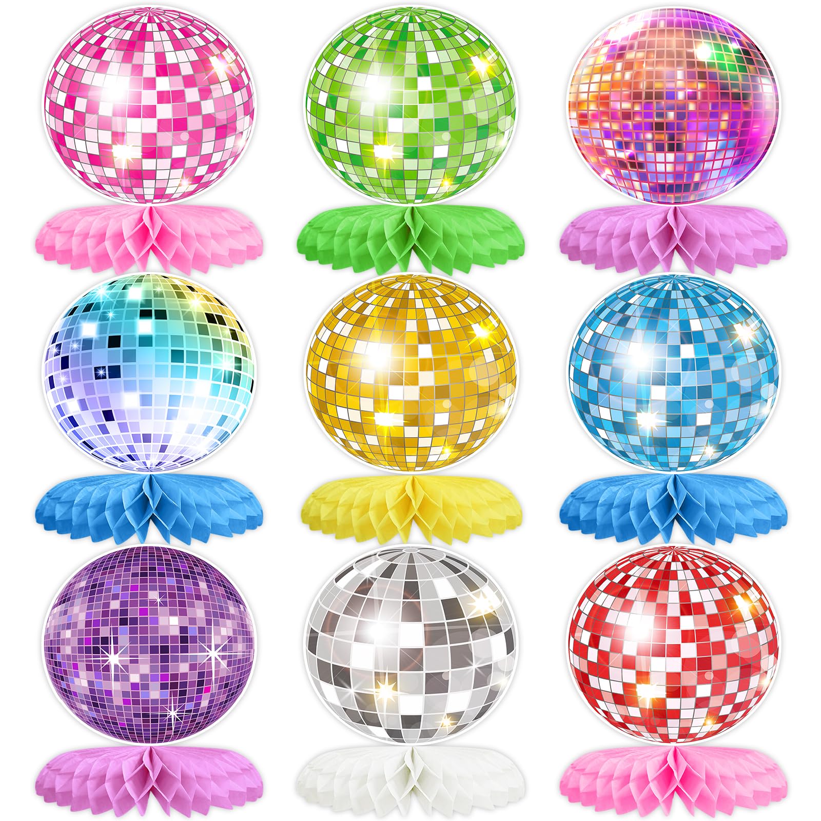 9PCS Disco Honeycomb Centerpieces Disco Ball Party Decorations Colorful Rock and Roll Party Table Centerpieces 50s 70s 80s 90s Disco Music Theme