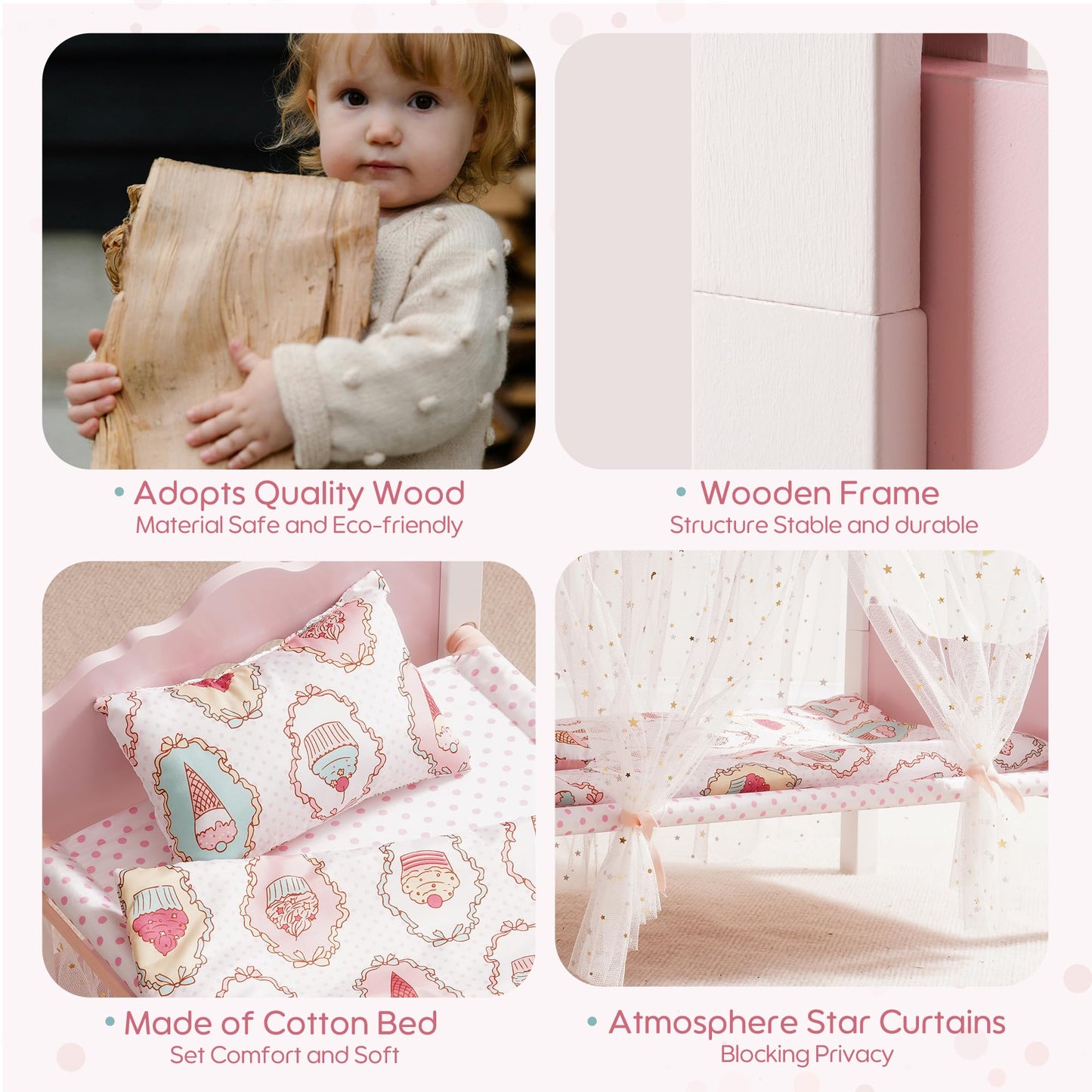 ROBOTIME Baby Doll Bunk Beds, Wooden Baby Doll Crib with Starry Curtain, Stackable Toy Crib for 18 Inch Dolls, Doll Bed Playset with Bedding