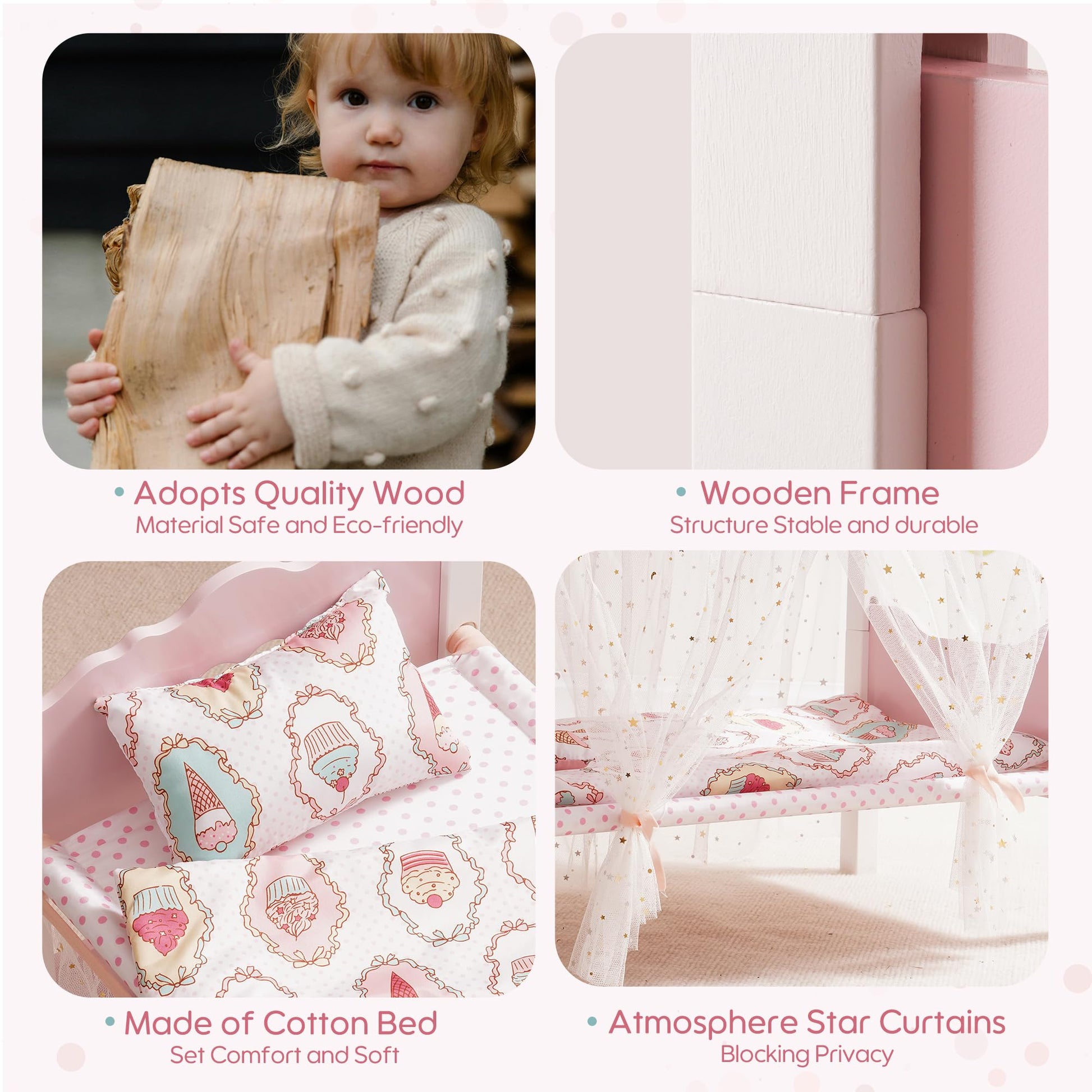 ROBOTIME Baby Doll Bunk Beds, Wooden Baby Doll Crib with Starry Curtain, Stackable Toy Crib for 18 Inch Dolls, Doll Bed Playset with Bedding