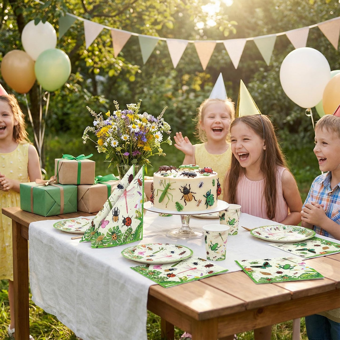 40Pcs Bug Theme Napkins Bug Birthday Party Decorations Garden Nature Themed Insect Party Napkins, for Nature Theme Decor, Kids Girls Boys Dinner