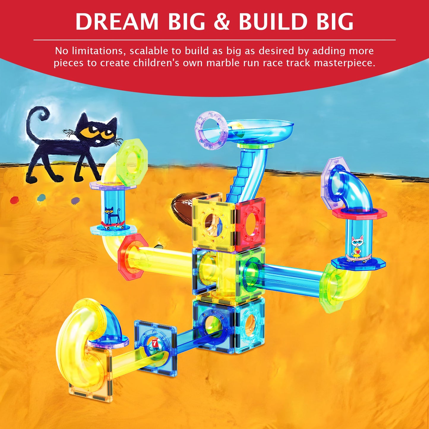 PicassoTiles 62pcs Magnetic Tile Pete the Cat Magnetic Marble Run Toy Set with Race Track Tubes Marbles and Stickers STEM Educational Construction