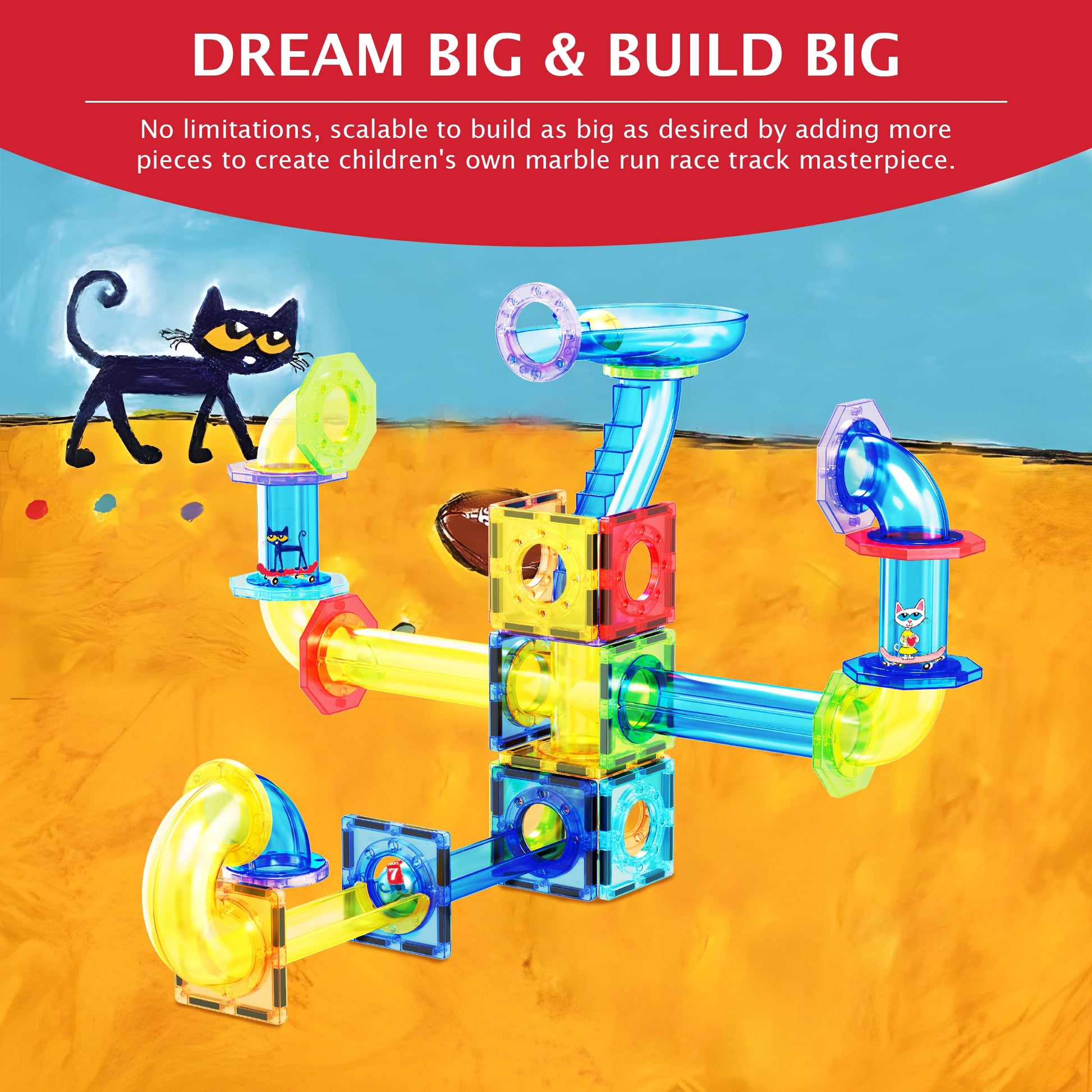 PicassoTiles 62pcs Magnetic Tile Pete the Cat Magnetic Marble Run Toy Set with Race Track Tubes Marbles and Stickers STEM Educational Construction