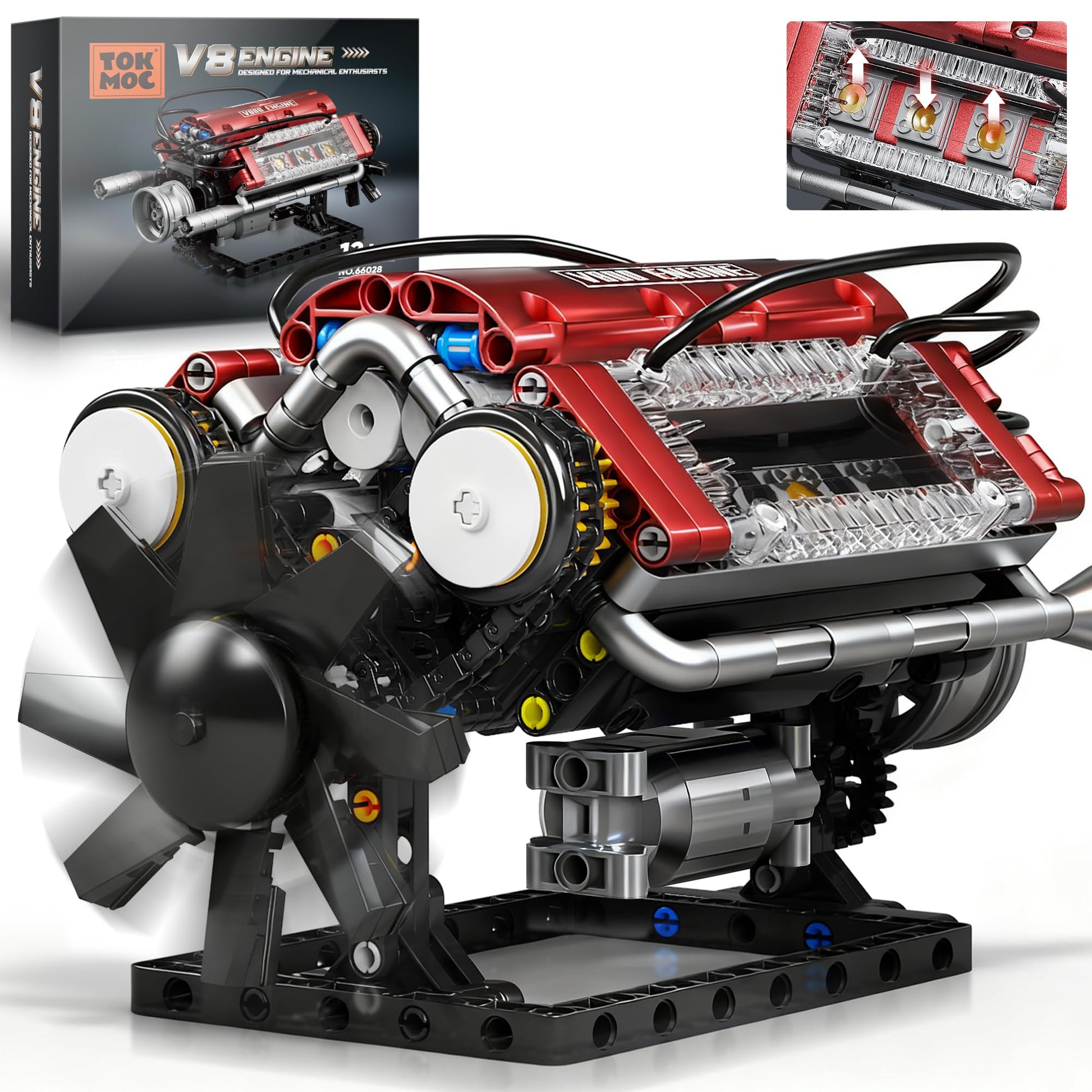 Tuajixz V8 Engine Building Blocks Sets, V8 Engine Model Kit That Runs - Motorized with Moving Pistons, Crankshaft & Rotating Fan, Realistic Engine