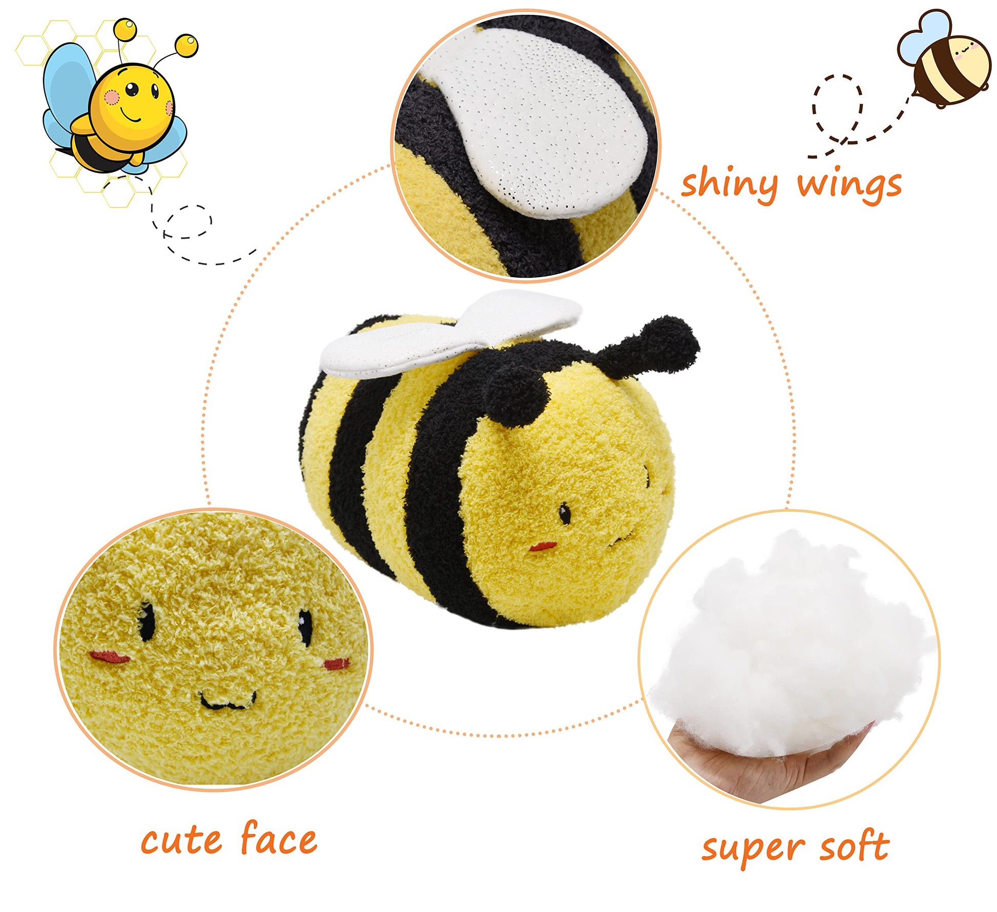 YONLIT Fuzzy Bumblebee Stuffed Animal with Smile Face and White Wings Super Cute Plush Bee Toy Excellent Gifts for Kids or Honey 12 Inch