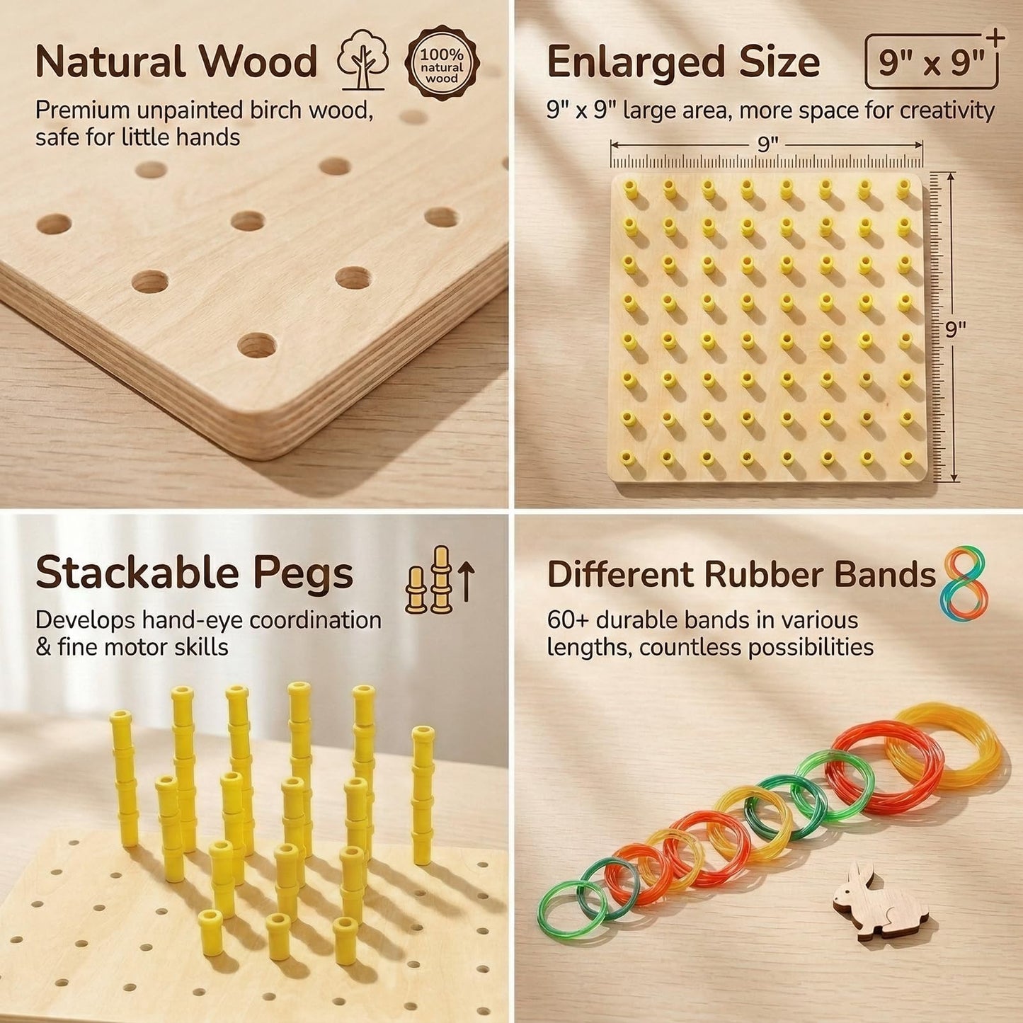 Wooden Geoboard with Stackable Pegs - 2 in 1 Montessori Peg Board Toy with 68Pcs Wood Pegs for 3 4 5 6 Year Old Kids - Fine Motor STEM Building Set
