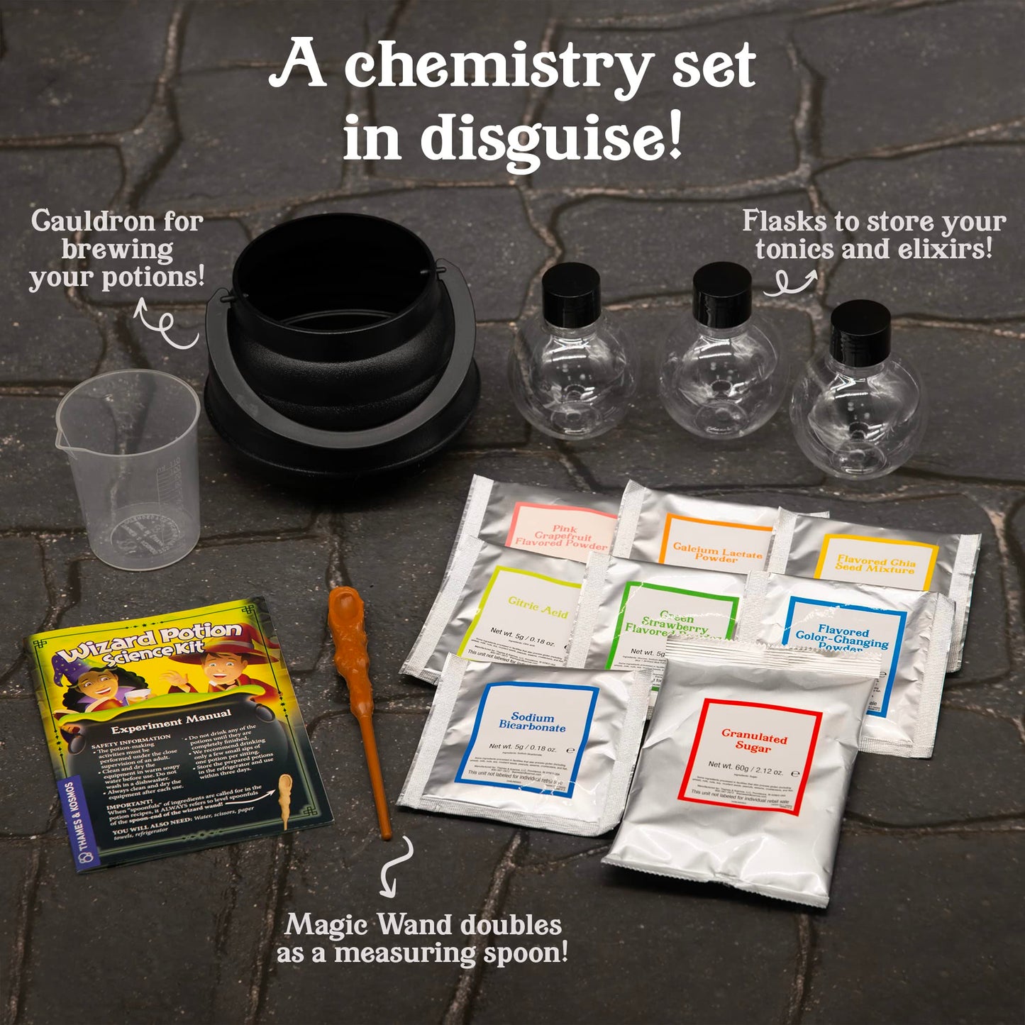 Tasty Labs Wizard Potion Science Kit - Make 5 Magical Potions, Chemistry Experiments Safe to Drink, Includes Cauldron & Wand - Study Reactions