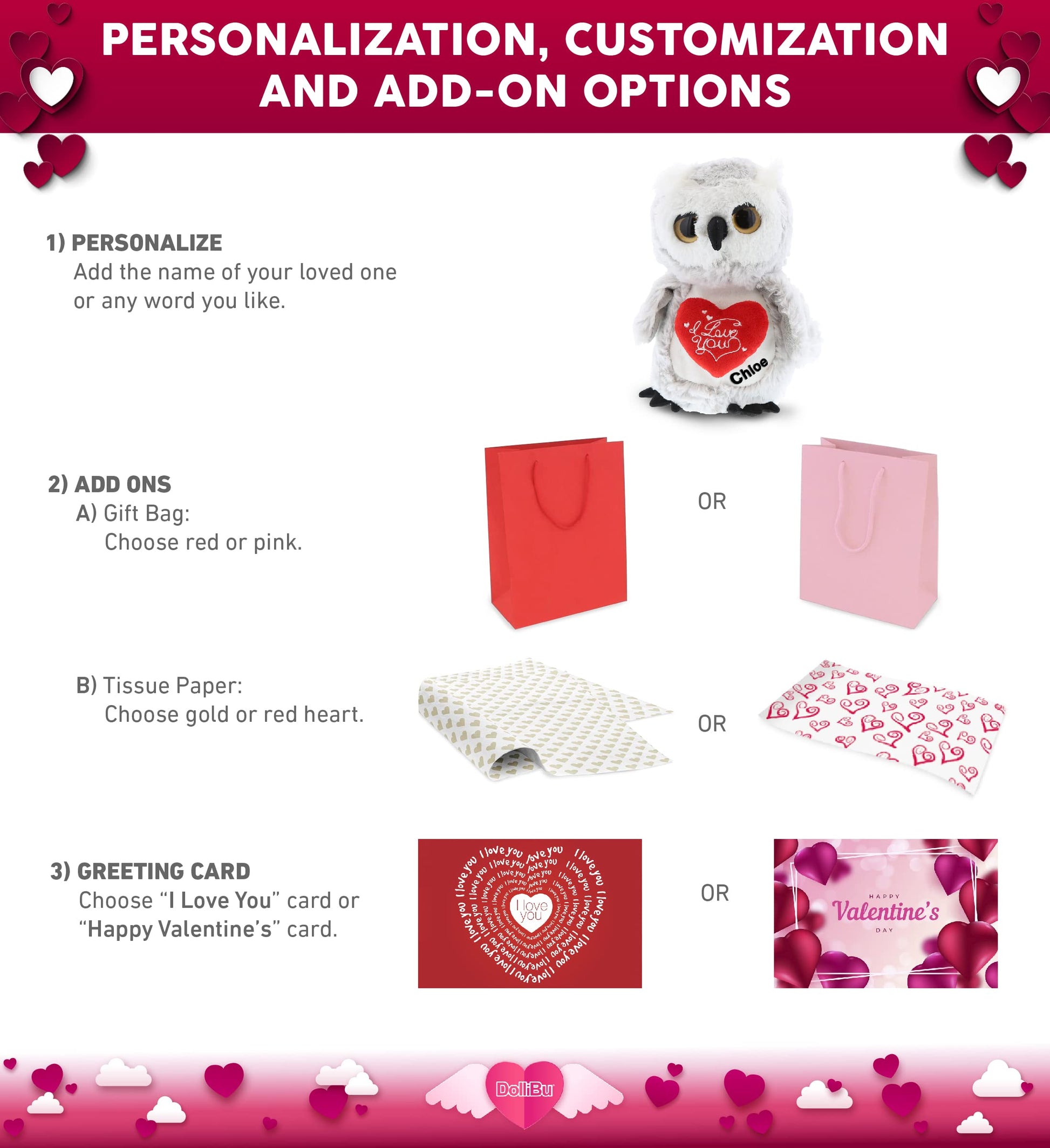 DolliBu I Love You Valentine Plush Big Eye Owl Bird - Cute Stuffed Animal with Red Heart and Name Personalization Gift for Valentines Day, Birthday