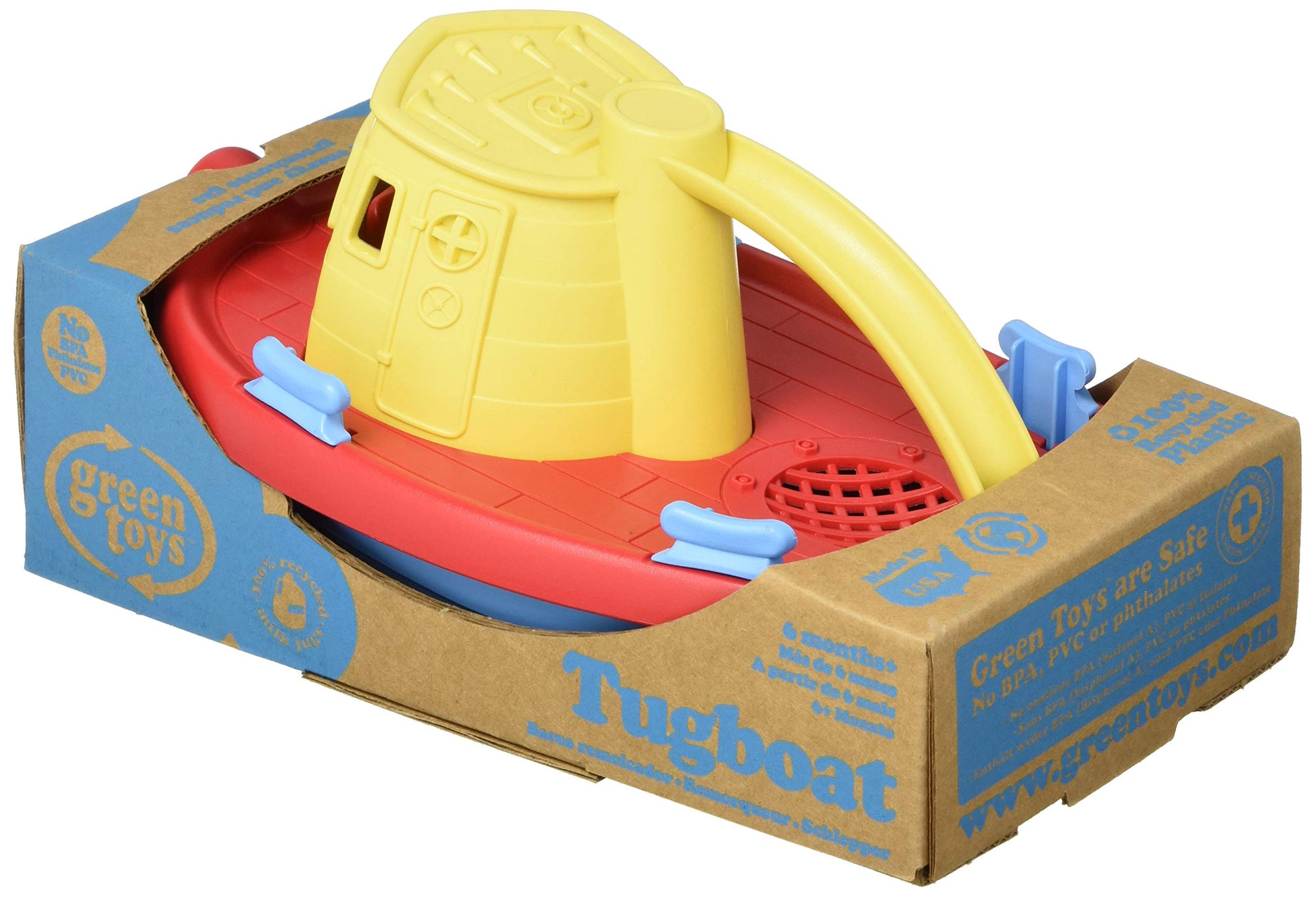 Green Toys Tugboat, Assorted CB - Pretend Play, Motor Skills, Kids Bath Toy Floating Pouring Vehicle. No BPA, phthalates, PVC. Dishwasher Safe