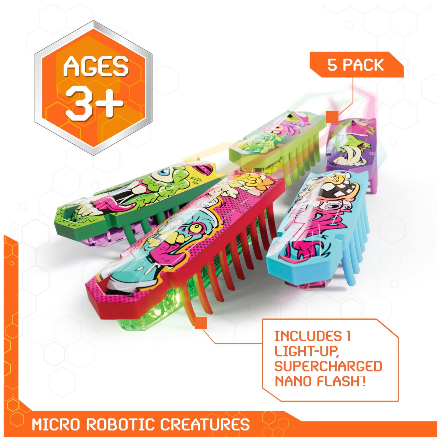 HEX BOTS Nano 5 Pack, 4 Mini Bots with Bonus Flash Bot, Sensory Toy for Kids & Cats, Vibration Technology, Mini Robot Toy for Kids 3 & Up