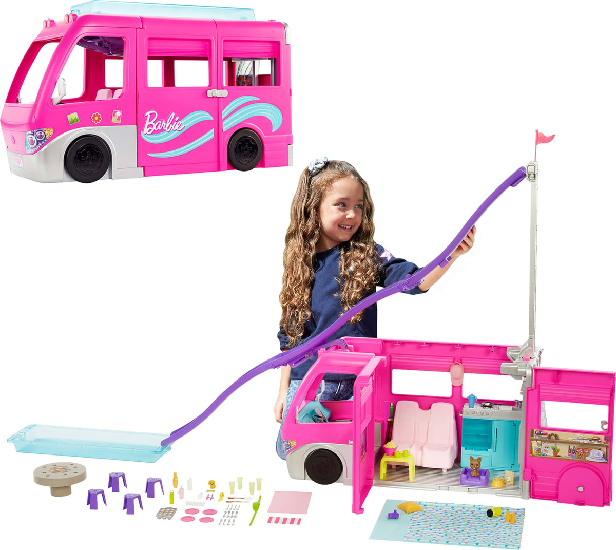 Barbie Camper, Doll Playset with 60 Accessories, 30-Inch-Slide and 7 Play Areas, Dream Camper (Amazon Exclusive)