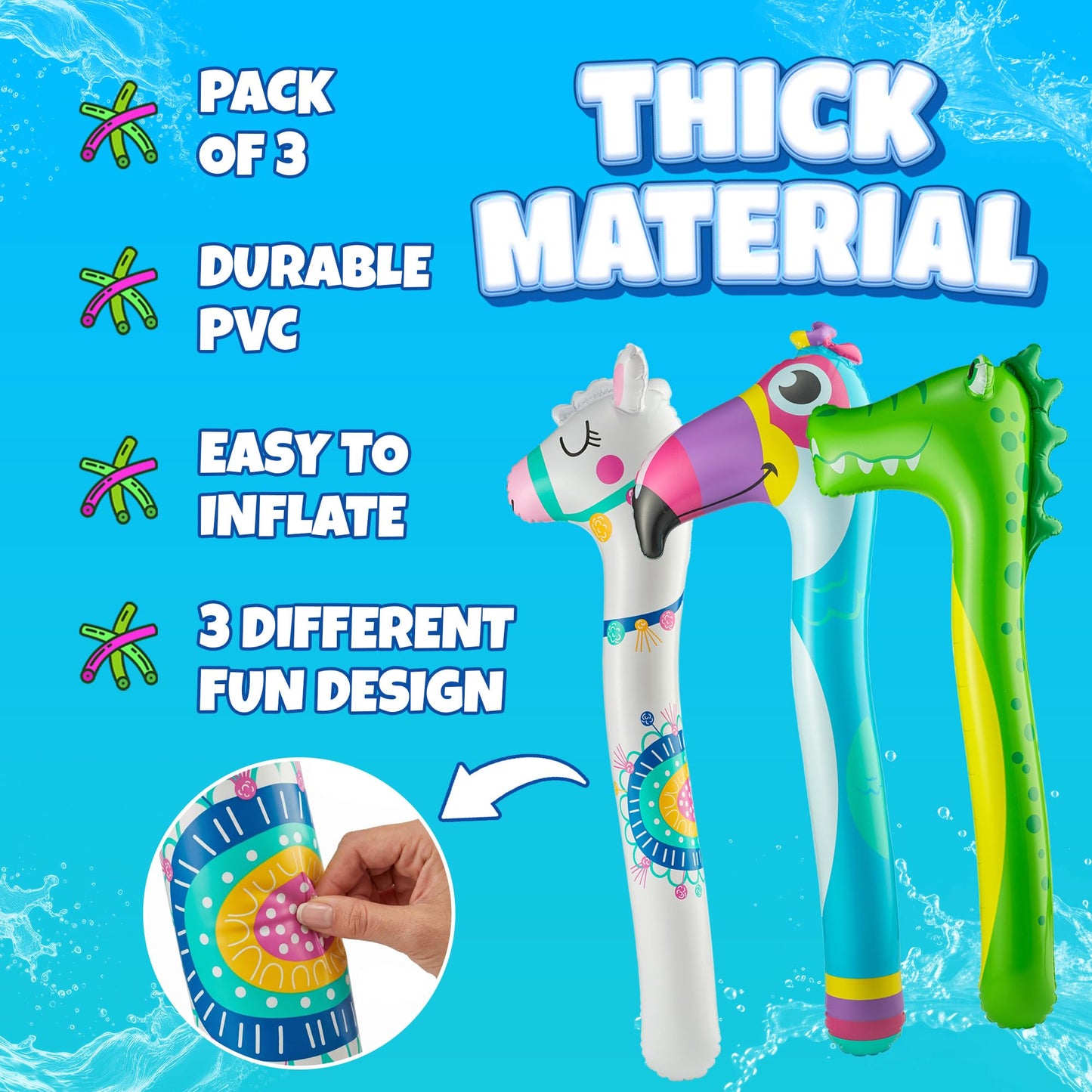 45-Inch Inflatable Pool Noodles, 3-Pack Kids Pool Floats for Beach & Travel