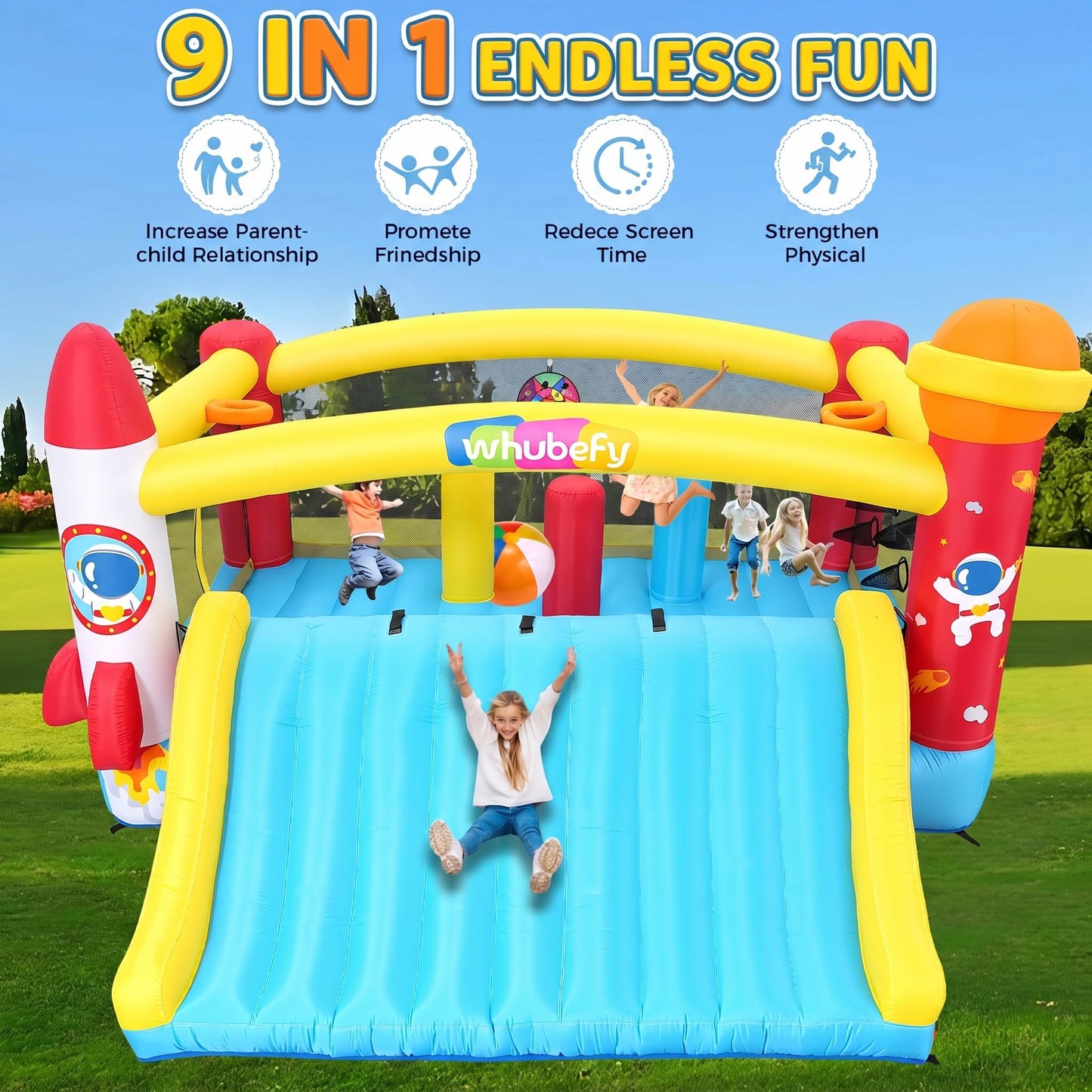 Whubefy Inflatable Bounce House for Big Kids 8-12, 13.4x13.4Ft Bouncy House Indoor/Outdoor, Jumping Castle with Blower for Kids, Space Theme Bounce