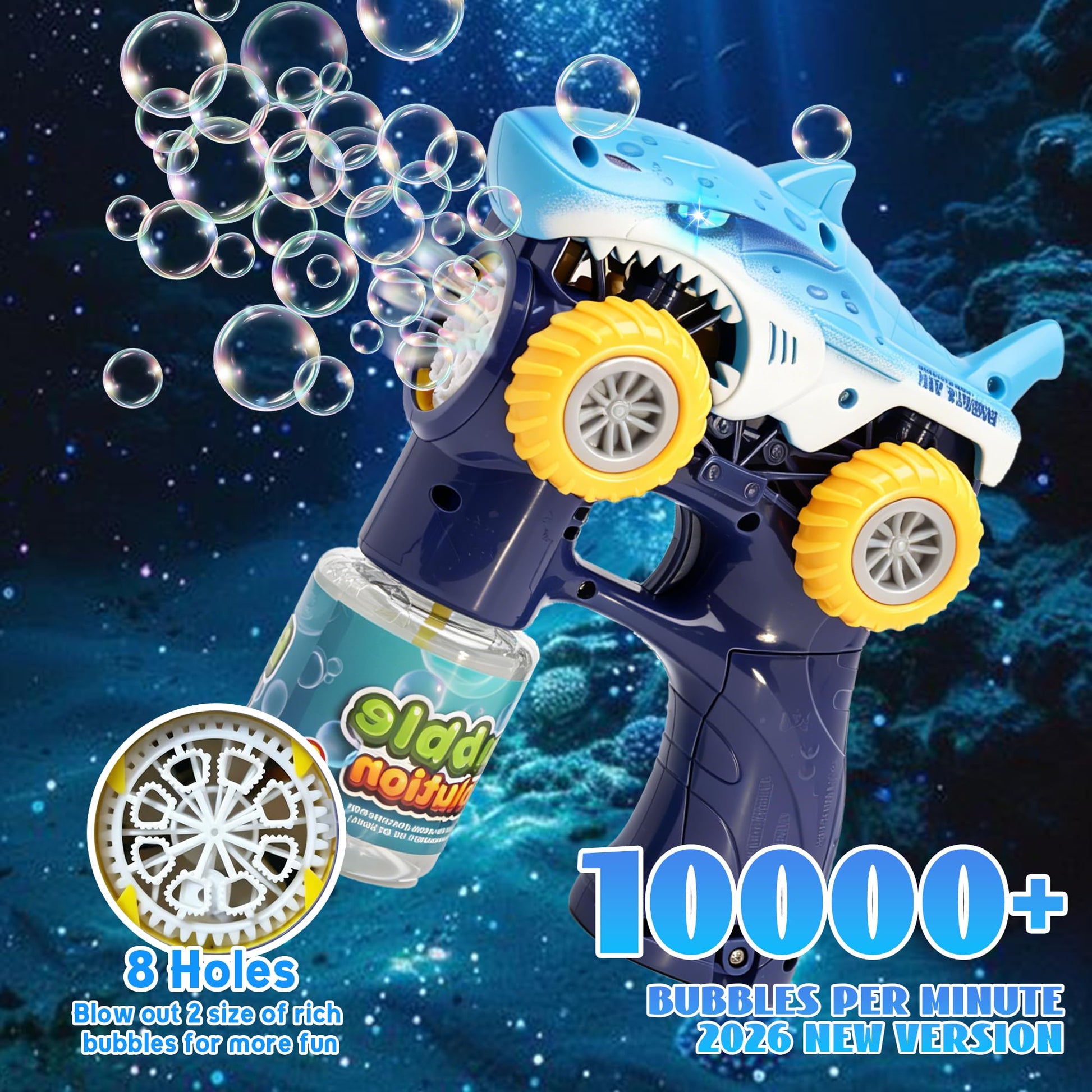 Shark Bubble Machine Gun,Bubble Blaster, LED Lights &2 Bubble Solution,Blue